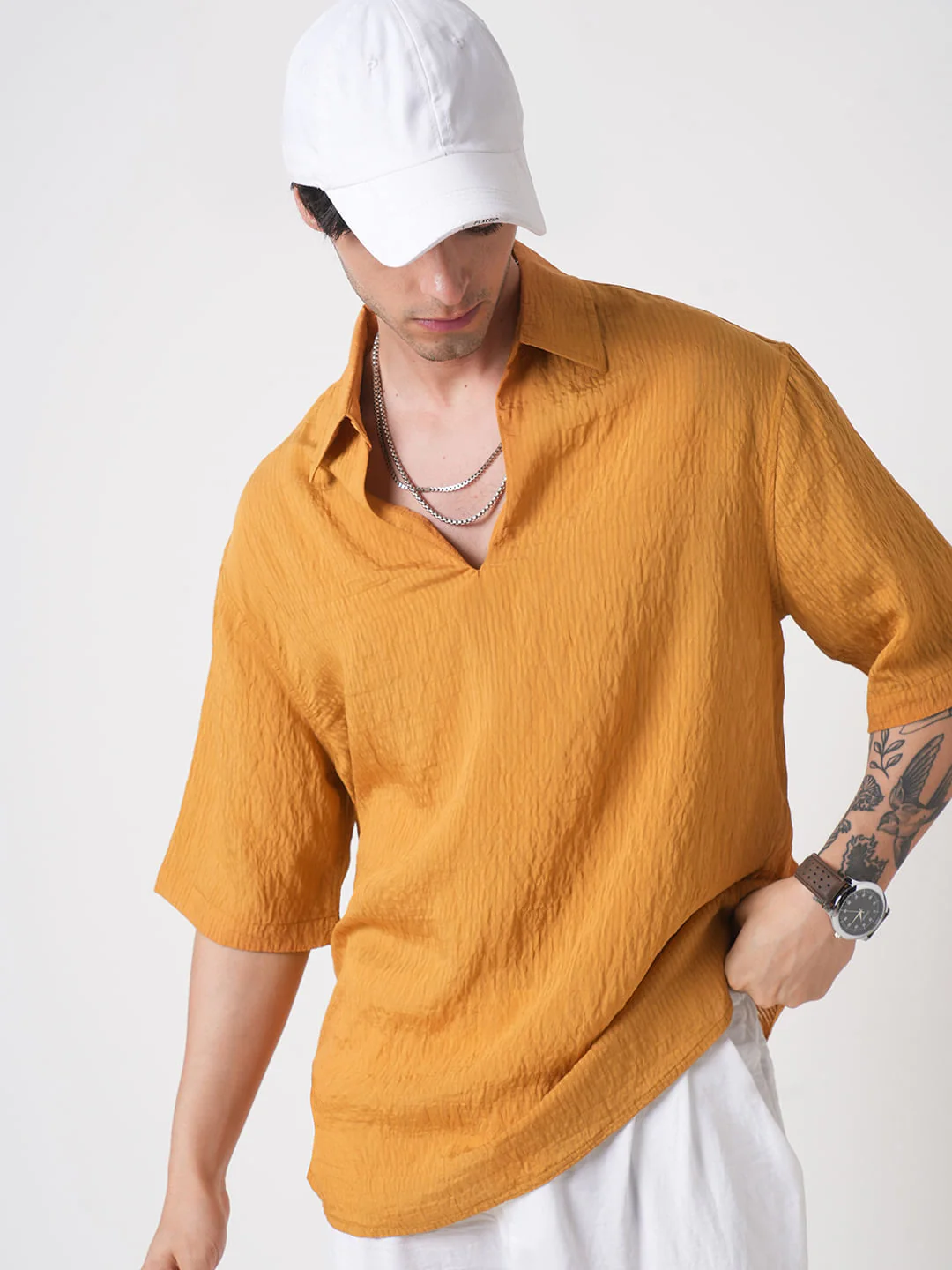 Apricot Stripe Oversized Polo Crinkled Shirt - Image 4