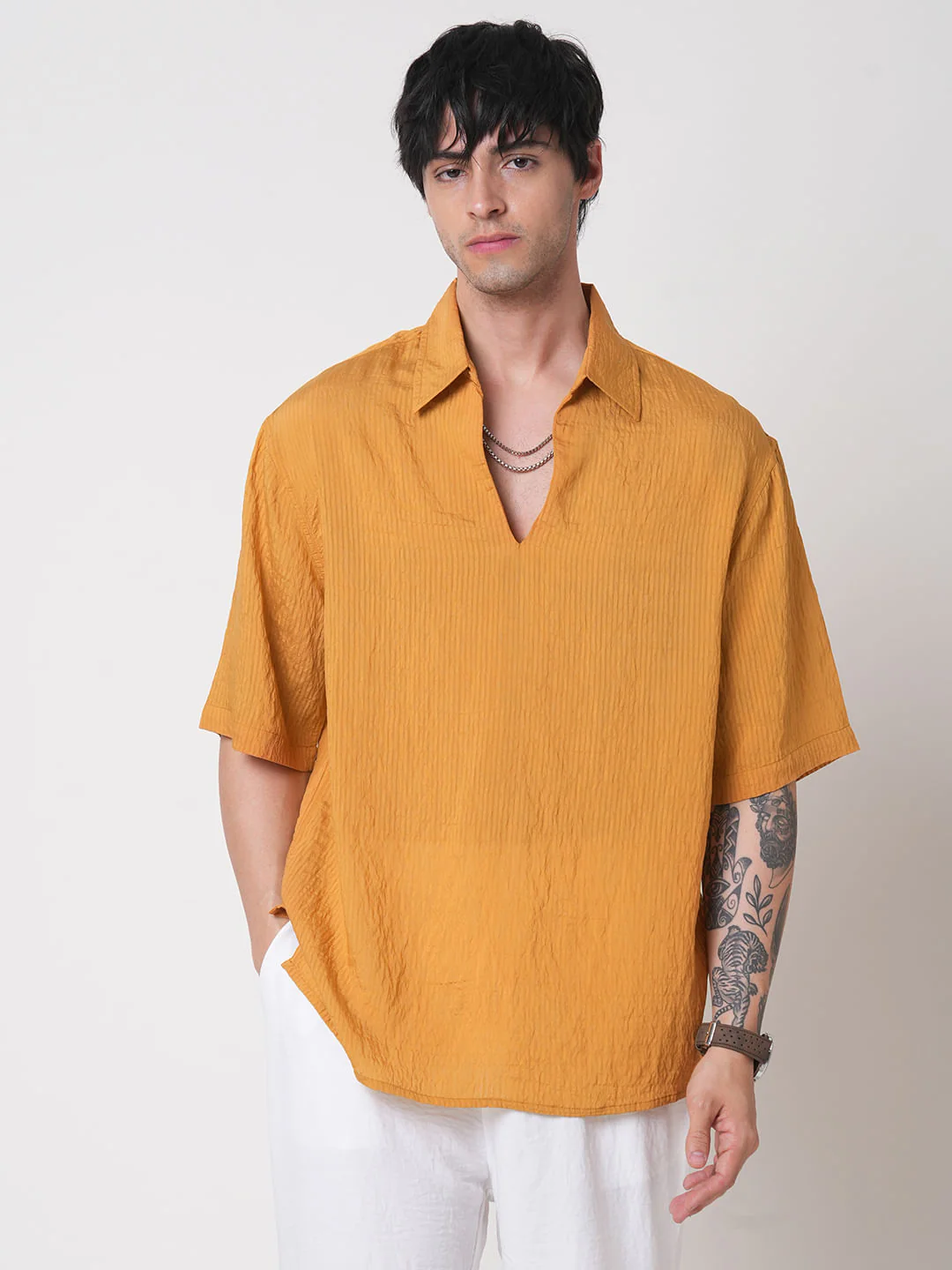 Apricot Stripe Oversized Polo Crinkled Shirt - Image 5