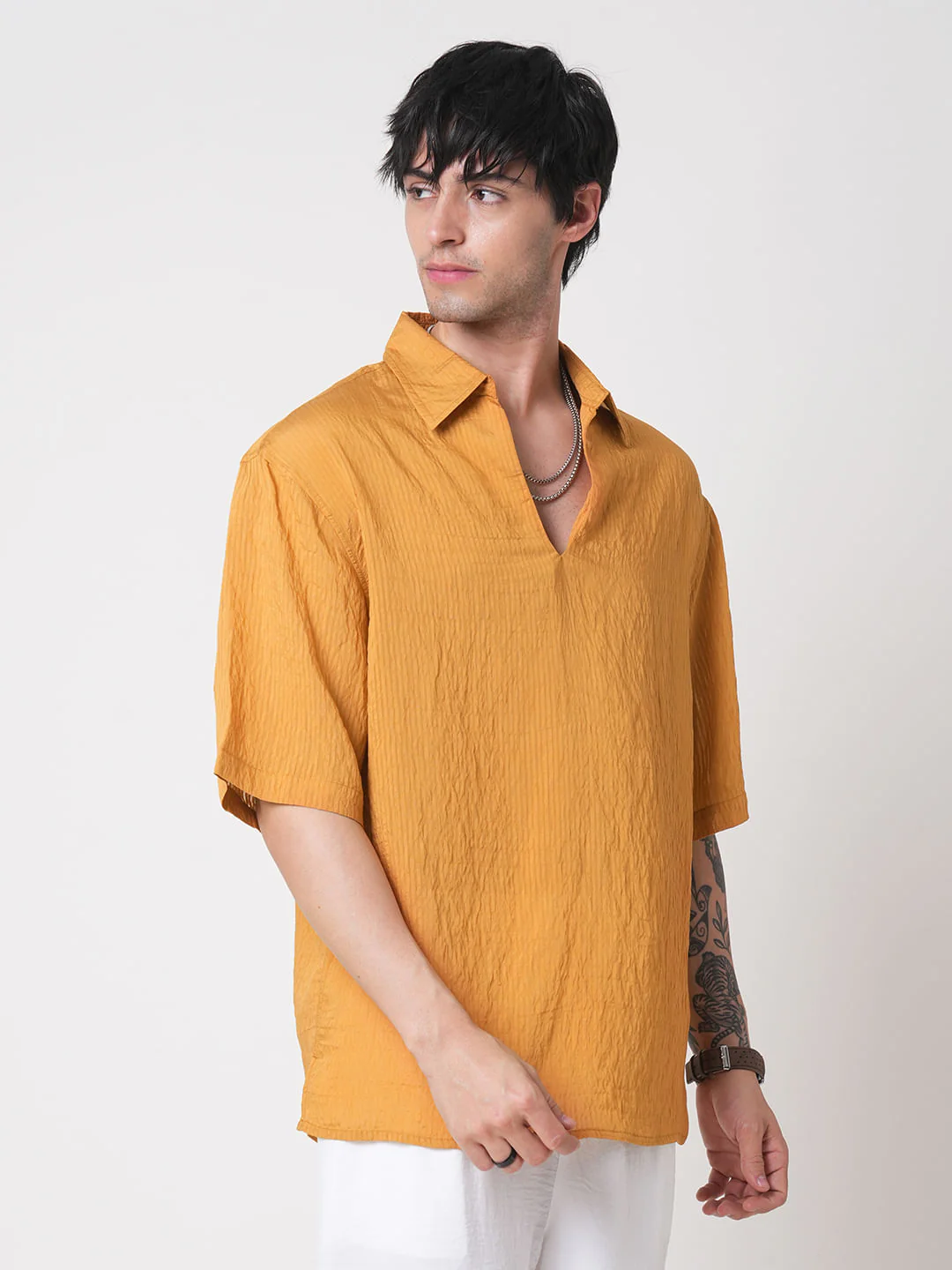 Apricot Stripe Oversized Polo Crinkled Shirt - Image 6