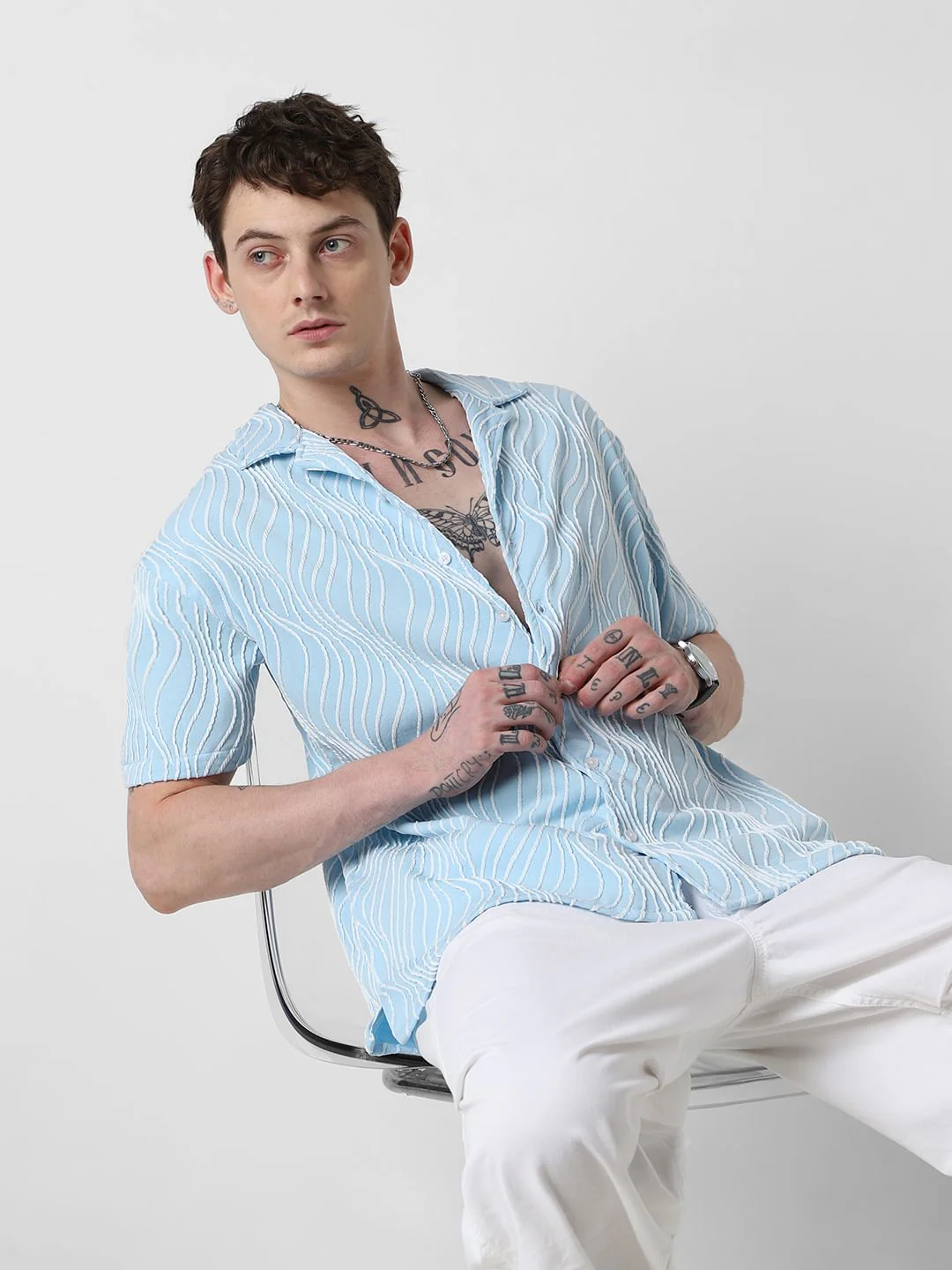 Arctic Blue Wavy Patterned Oversized Shirt - Image 4