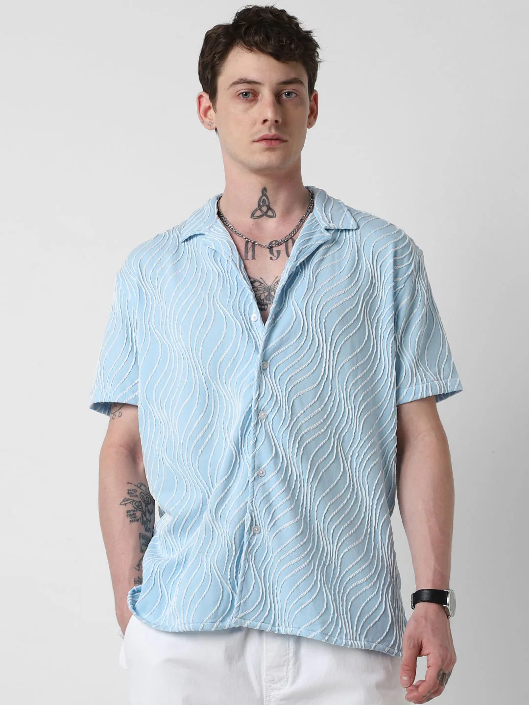 Arctic Blue Wavy Patterned Oversized Shirt - Image 5