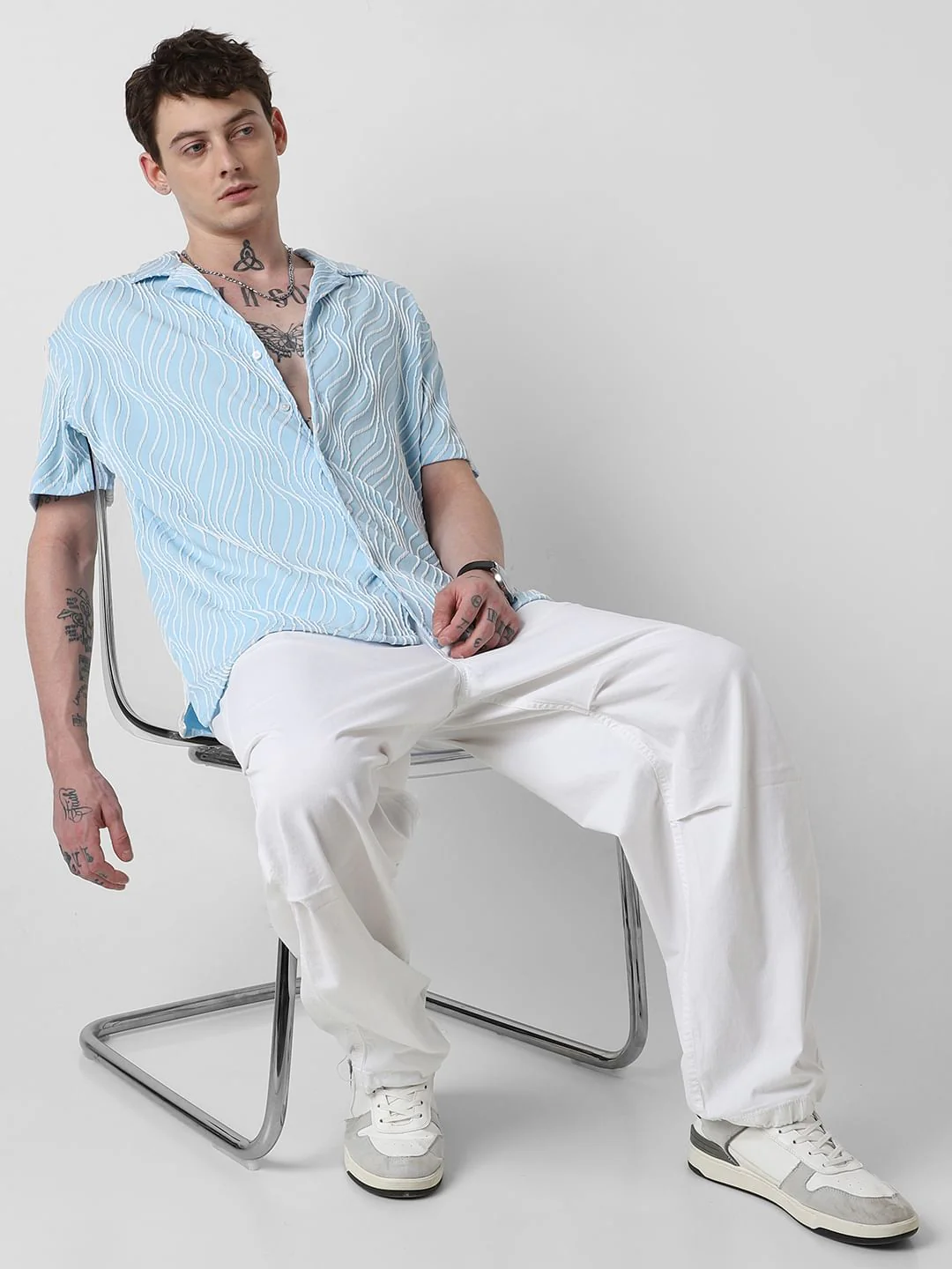 Arctic Blue Wavy Patterned Oversized Shirt - Image 8