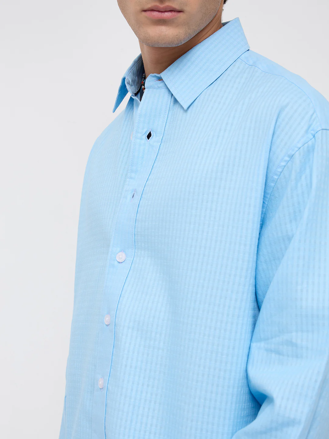Baby Blue Textured Fine Grid Weave Boxy Fit Crop Shirt - Image 3