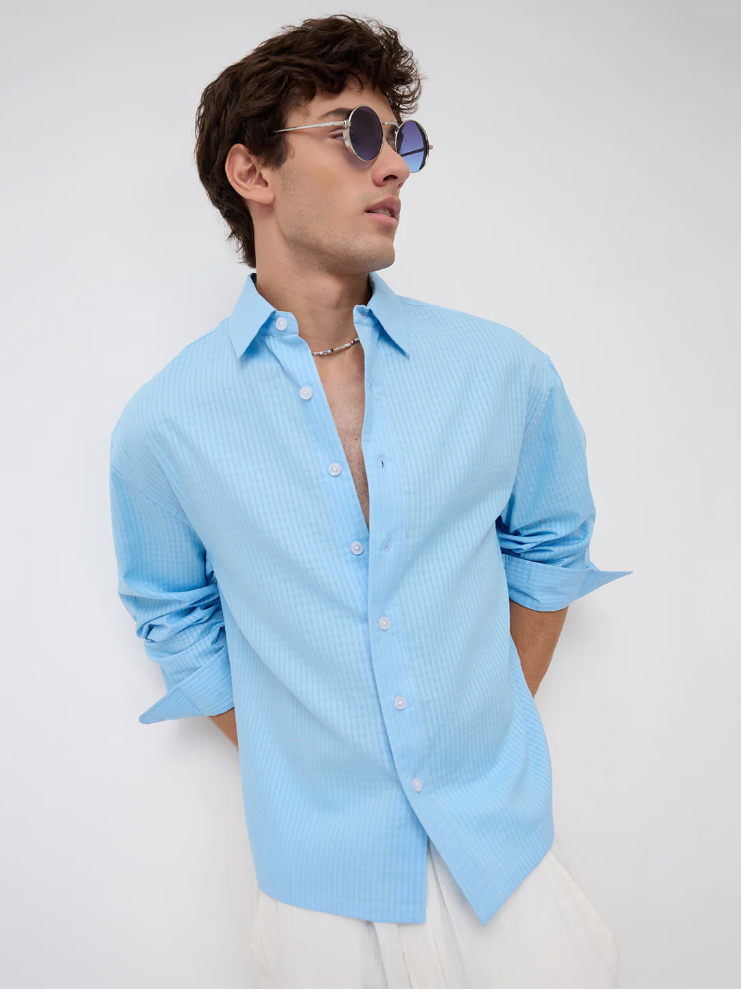 Baby Blue Textured Fine Grid Weave Boxy Fit Crop Shirt - Image 4