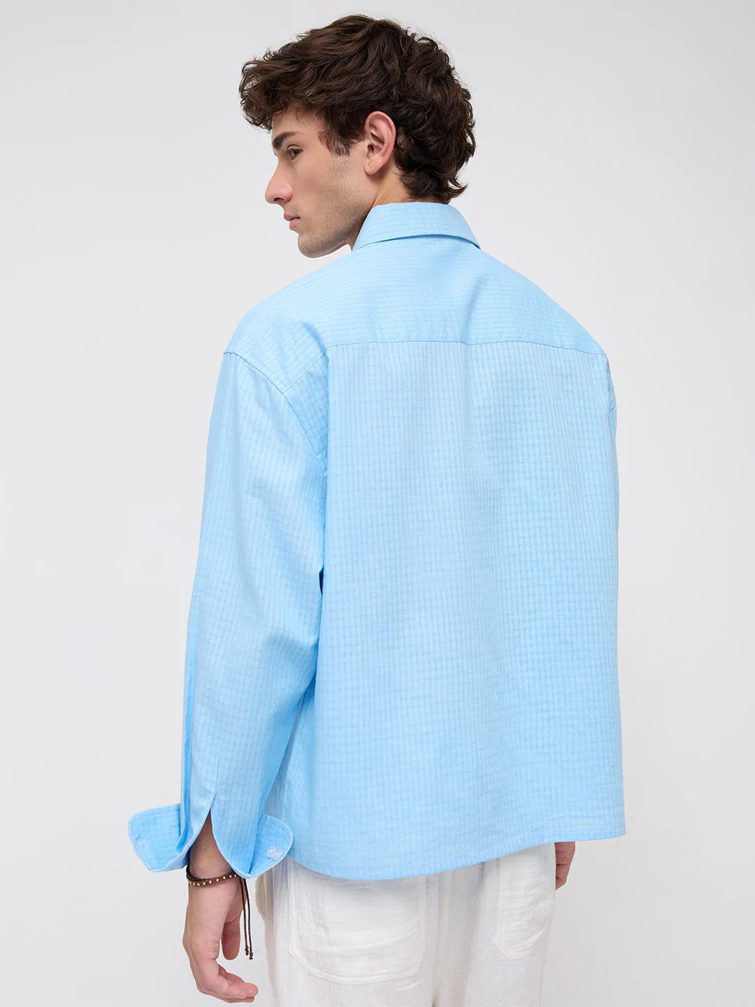 Baby Blue Textured Fine Grid Weave Boxy Fit Crop Shirt - Image 6