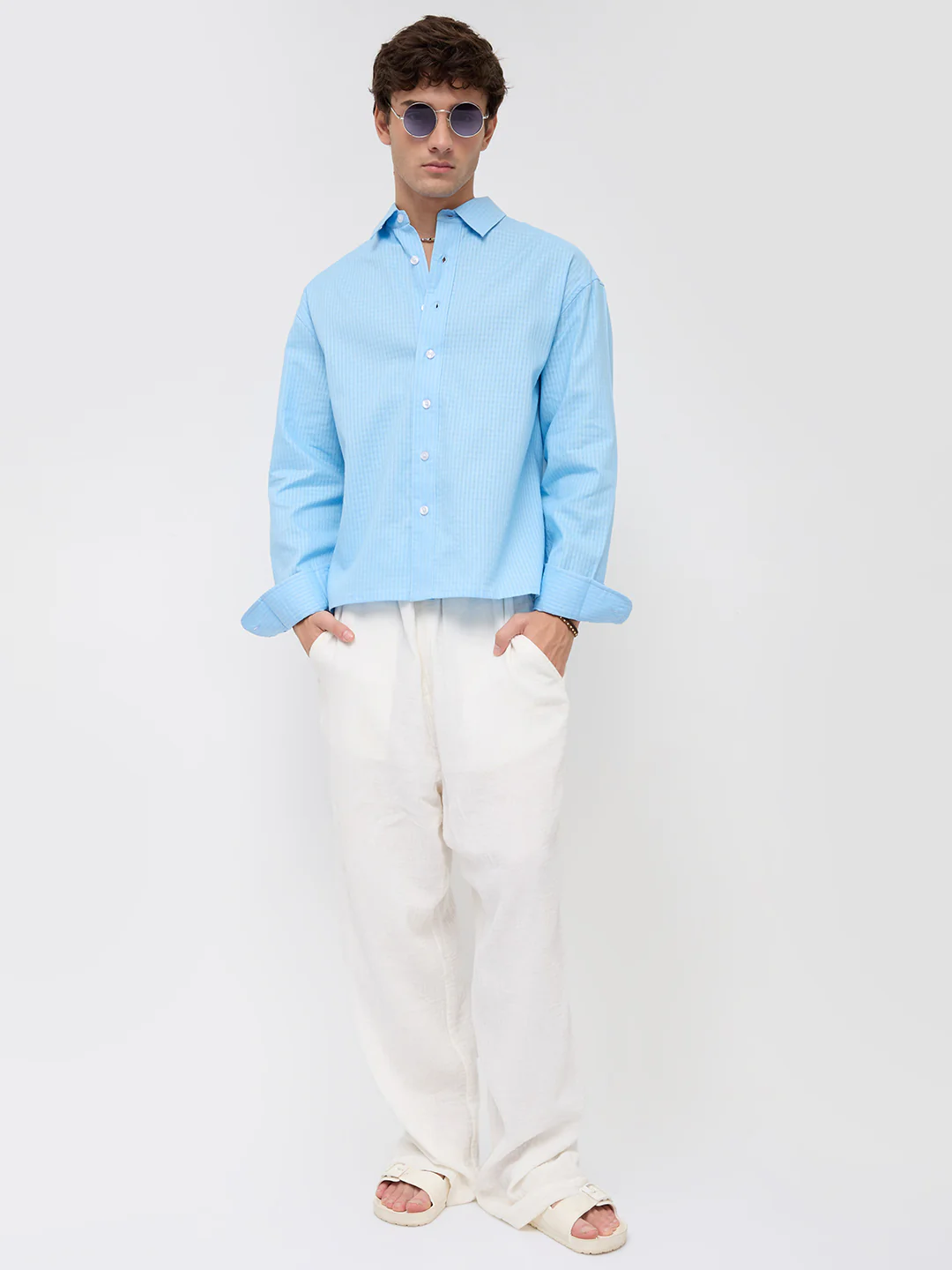 Baby Blue Textured Fine Grid Weave Boxy Fit Crop Shirt - Image 7
