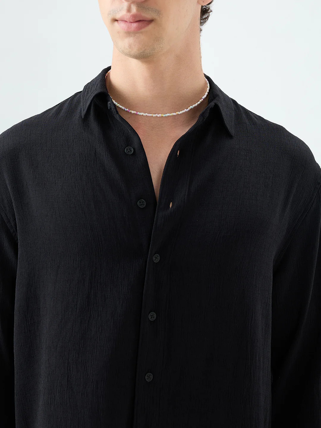 Classic Black Slub Textured Fine Weave Boxy Fit Crop Shirt - Image 3