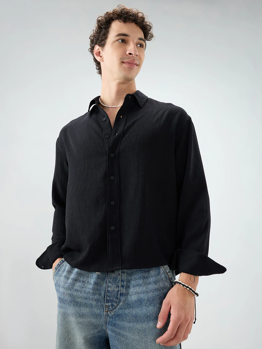 Classic Black Slub Textured Fine Weave Boxy Fit Crop Shirt - Image 5