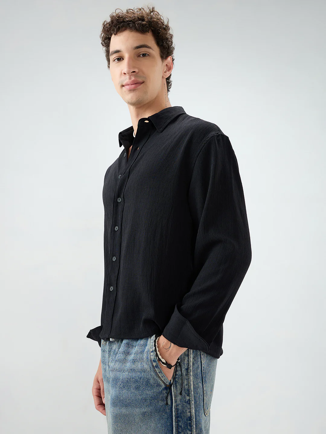 Classic Black Slub Textured Fine Weave Boxy Fit Crop Shirt - Image 6