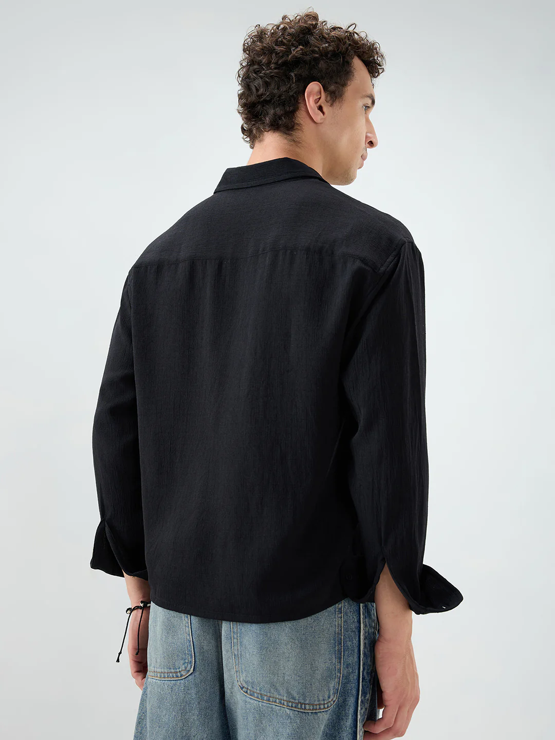 Classic Black Slub Textured Fine Weave Boxy Fit Crop Shirt - Image 7