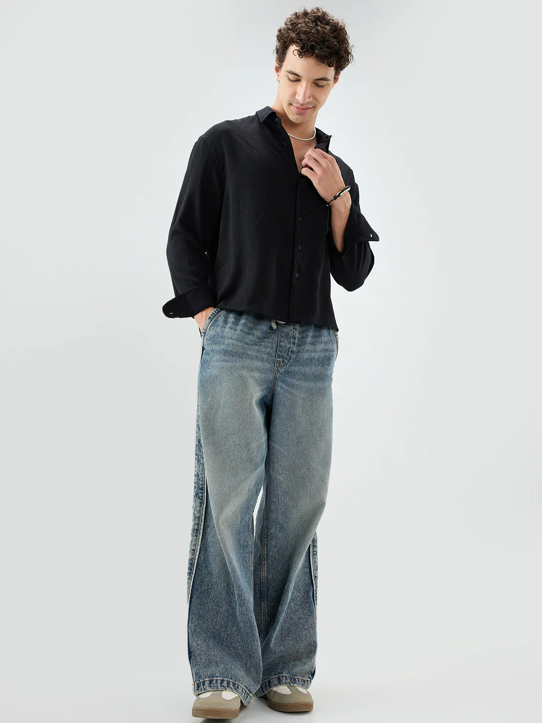 Classic Black Slub Textured Fine Weave Boxy Fit Crop Shirt - Image 8