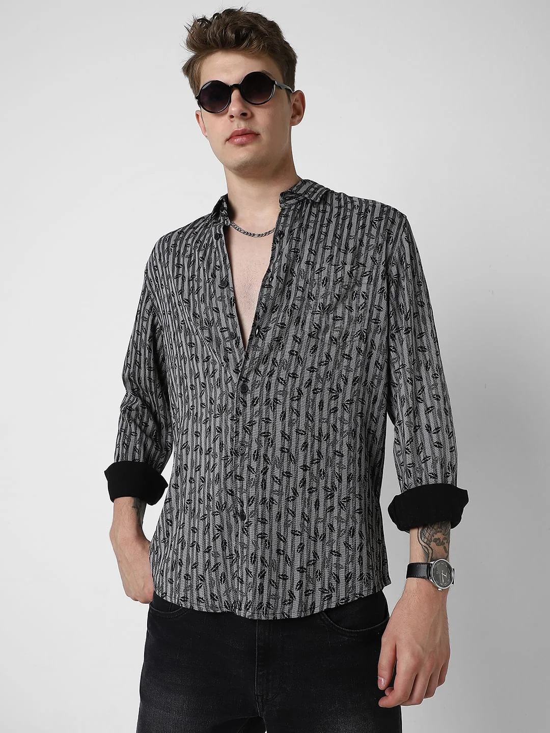 Elegant Black Leafy Striped Shirt - Image 4