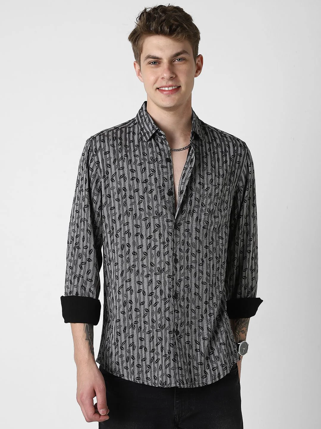 Elegant Black Leafy Striped Shirt - Image 5