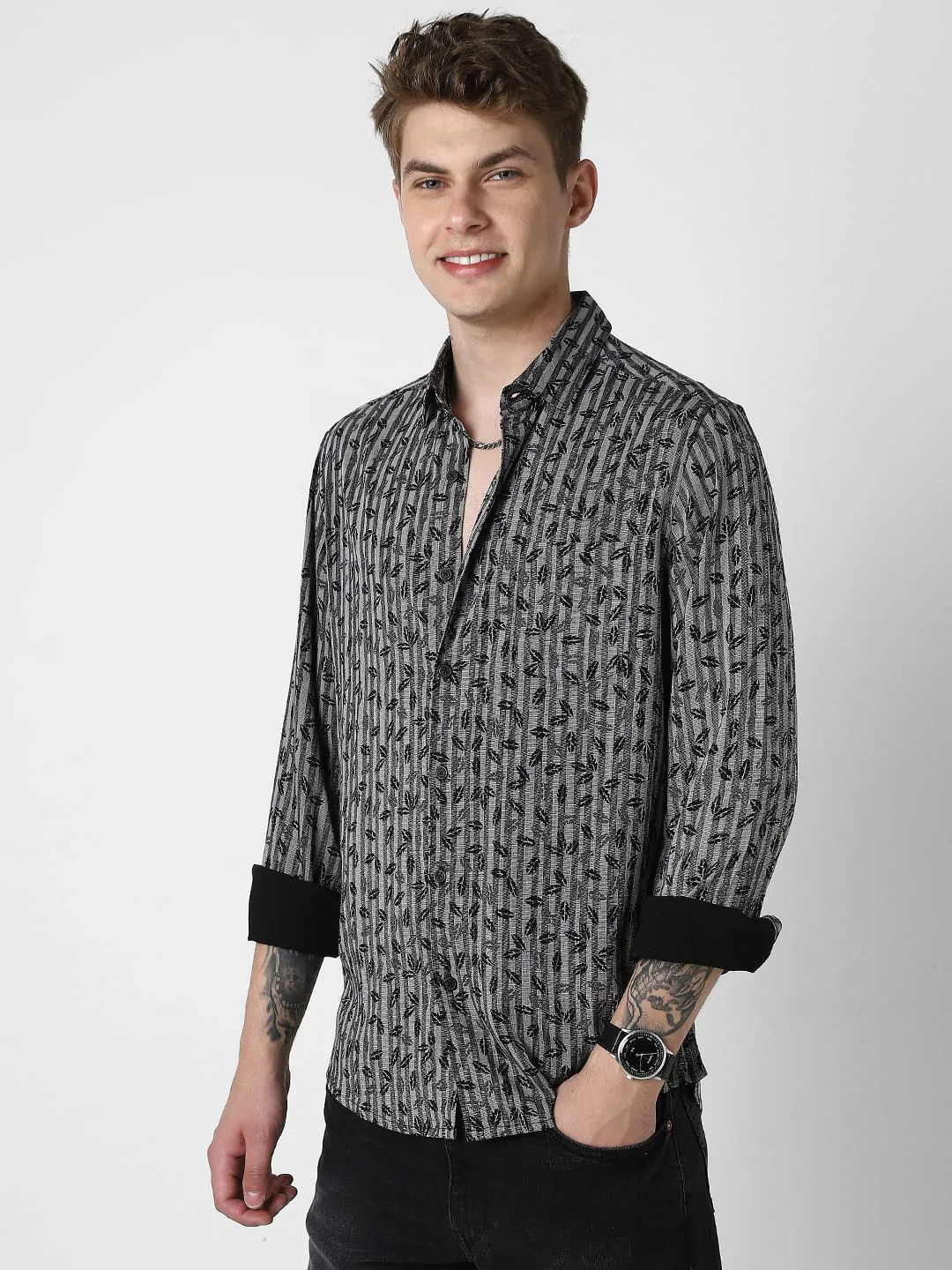 Elegant Black Leafy Striped Shirt - Image 6