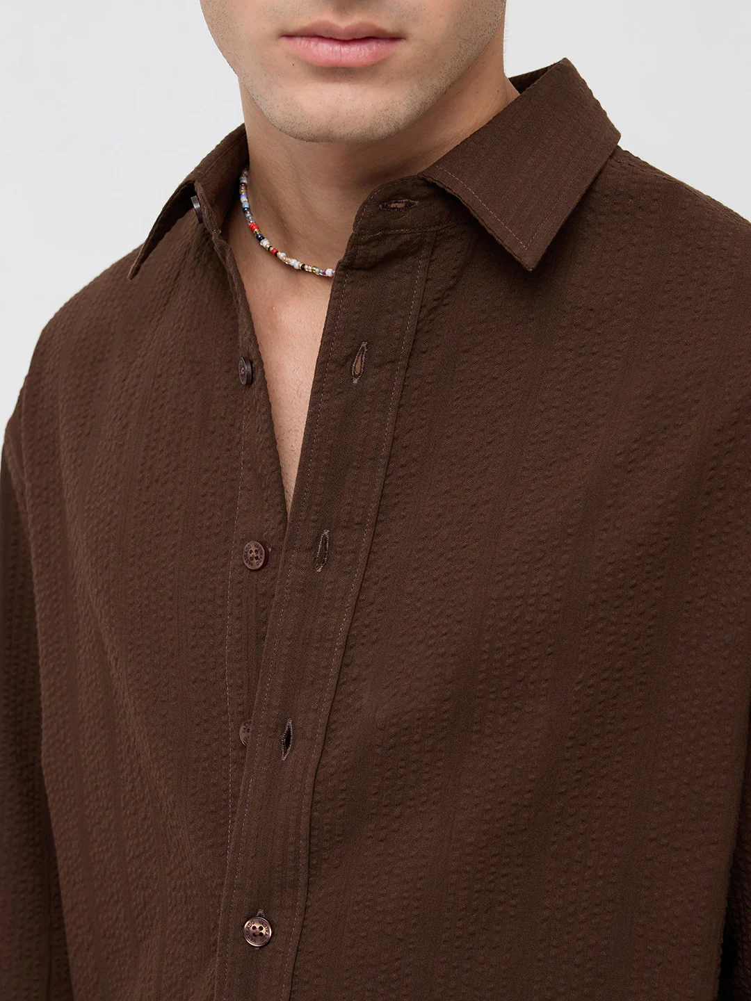 Espresso Brown Seersucker Boxy Fit Crop Shirt - Image 3