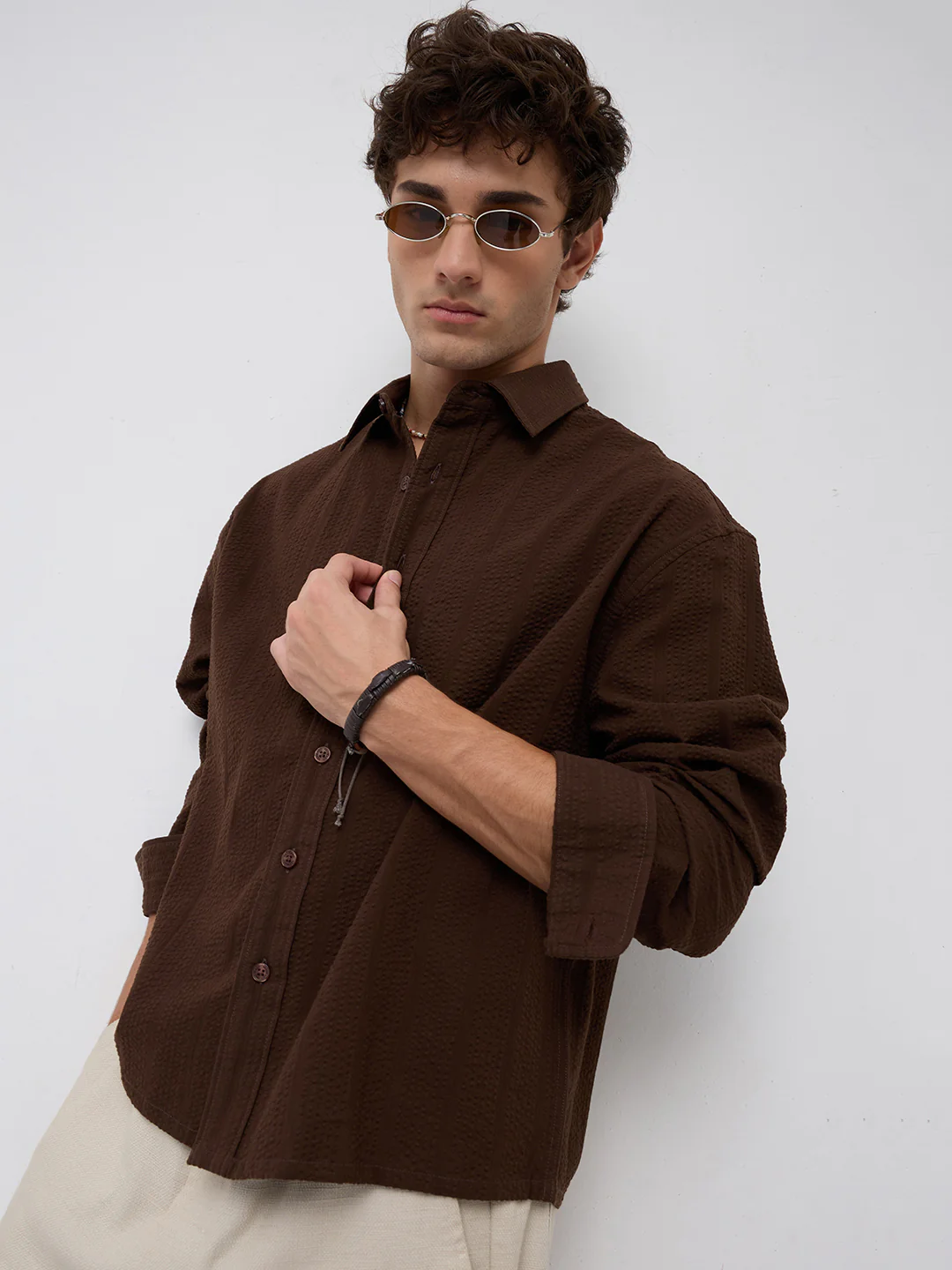 Espresso Brown Seersucker Boxy Fit Crop Shirt - Image 4