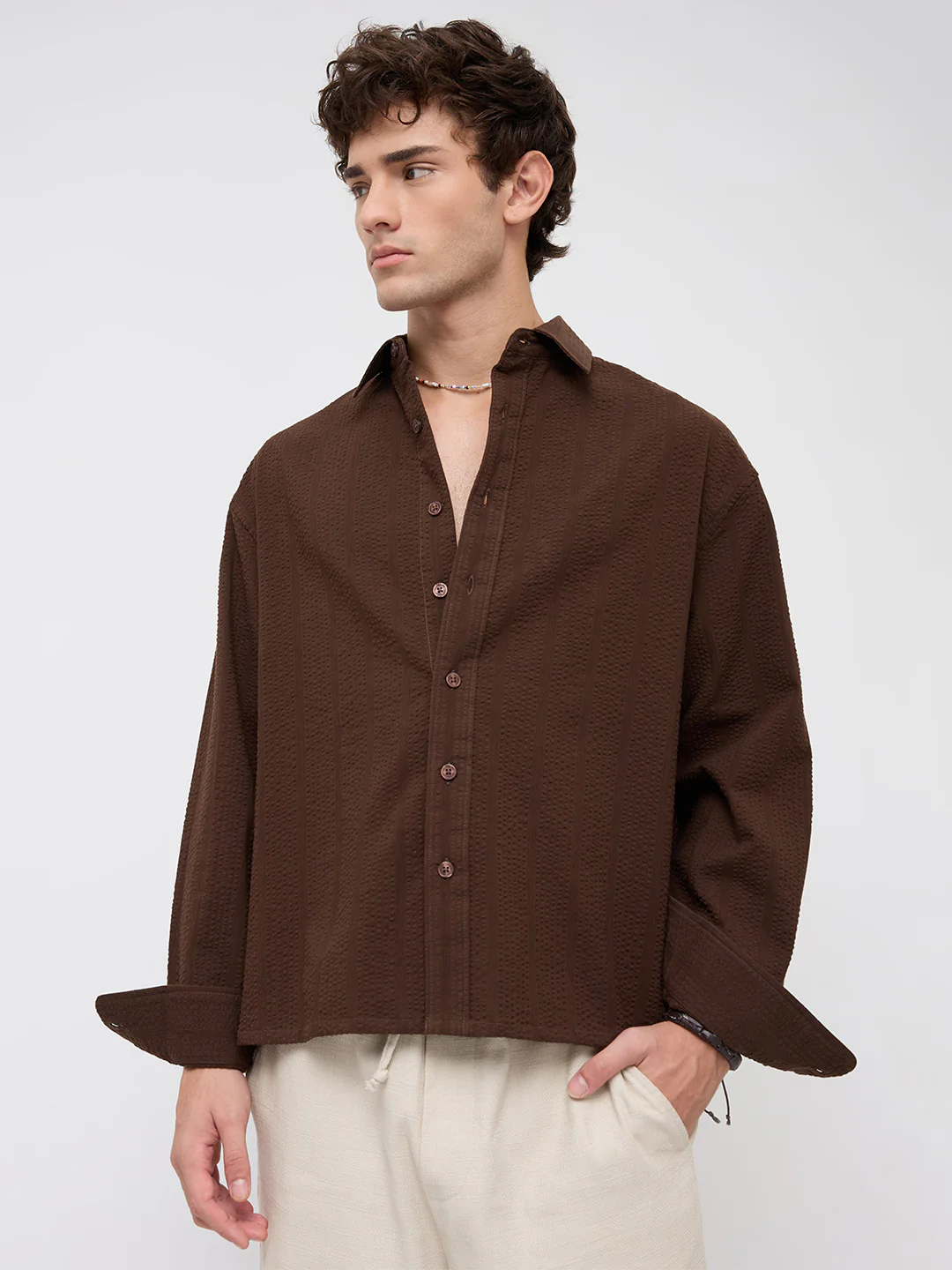 Espresso Brown Seersucker Boxy Fit Crop Shirt - Image 5
