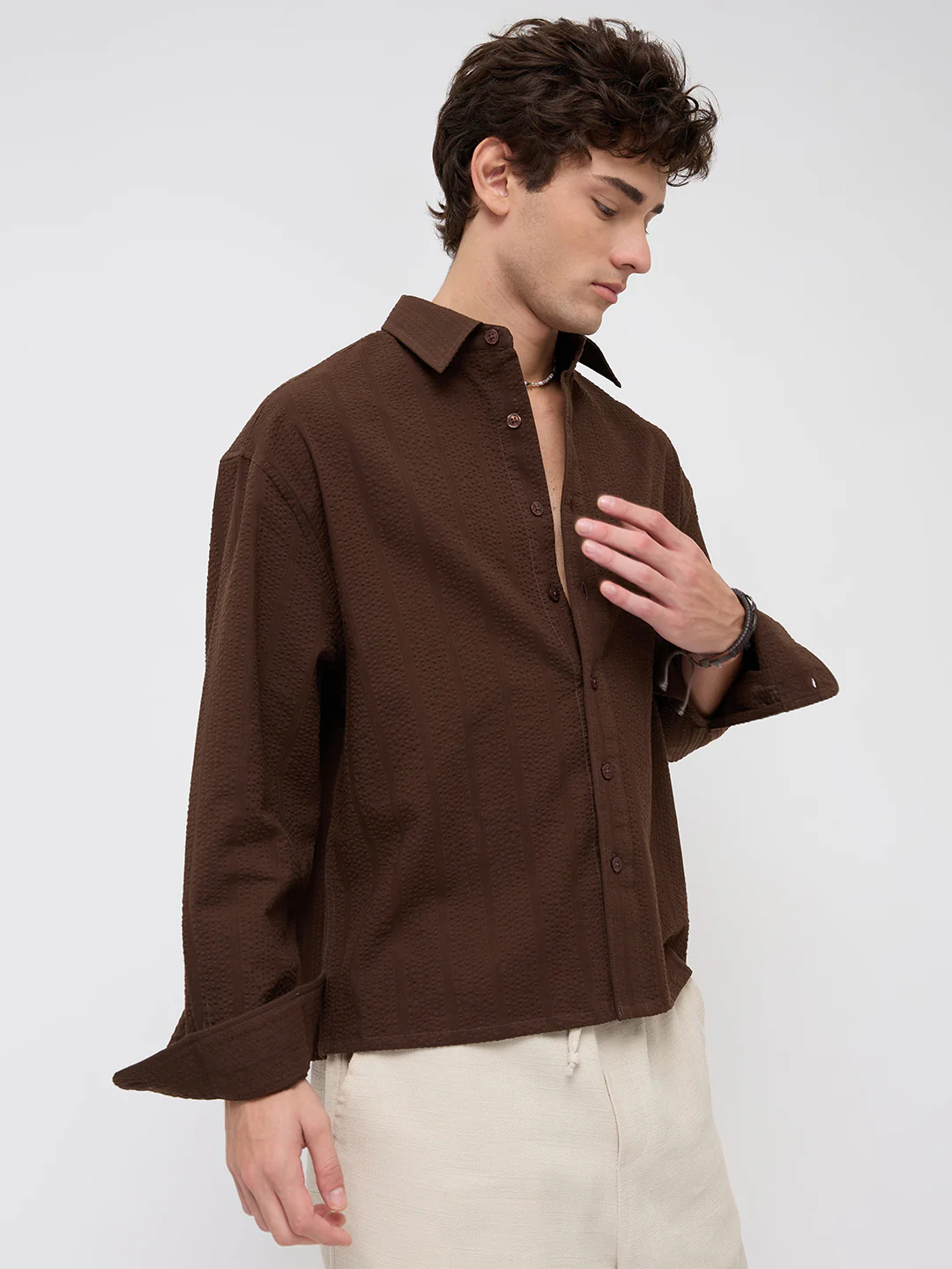 Espresso Brown Seersucker Boxy Fit Crop Shirt - Image 6