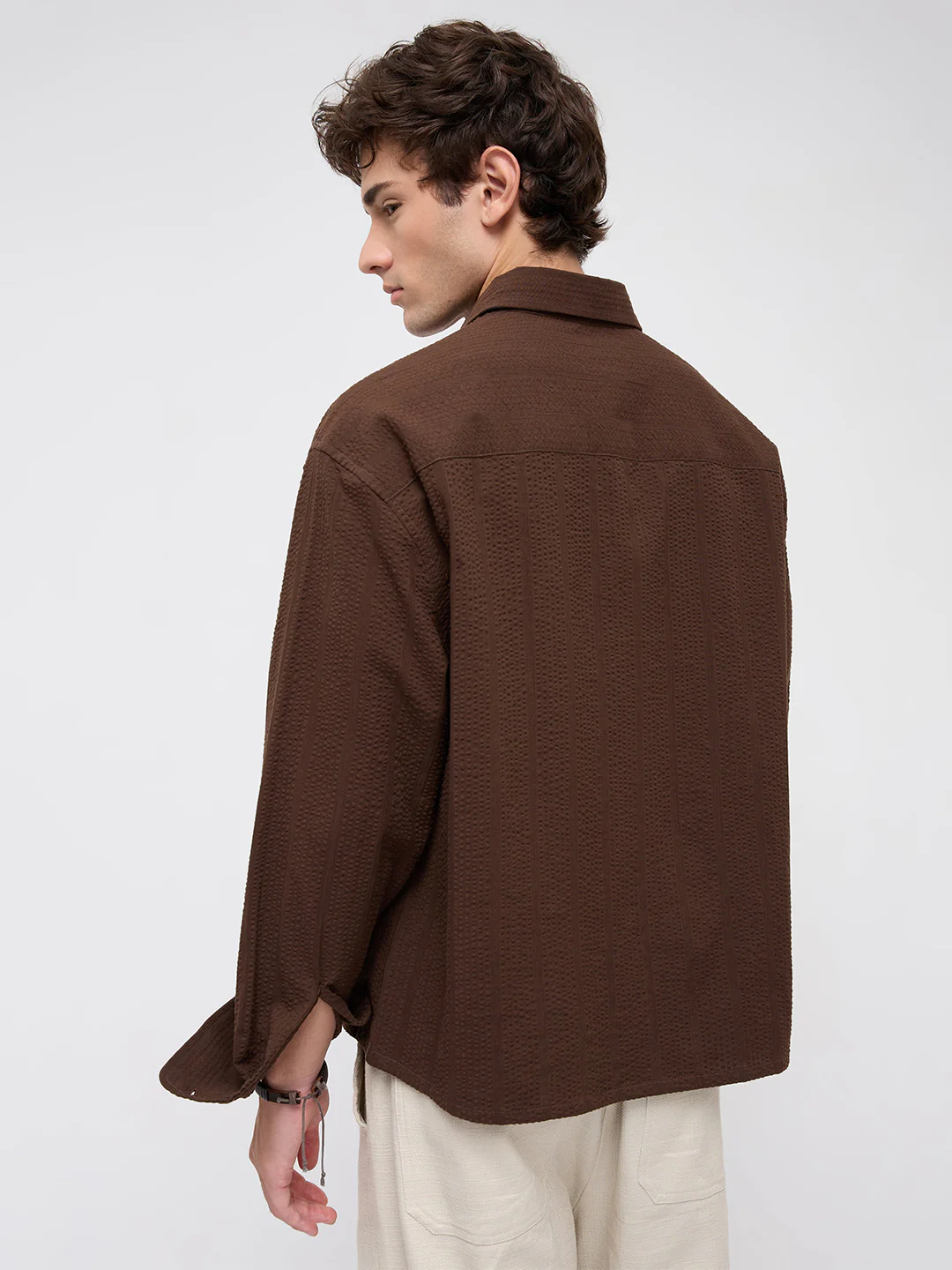 Espresso Brown Seersucker Boxy Fit Crop Shirt - Image 7
