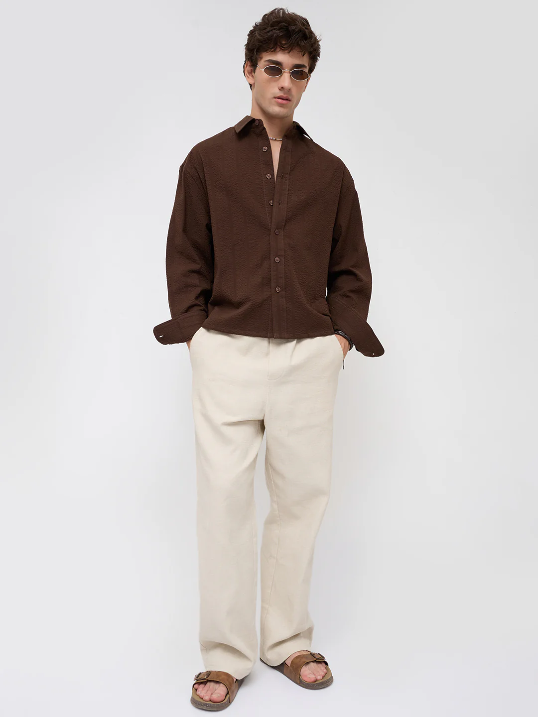 Espresso Brown Seersucker Boxy Fit Crop Shirt - Image 8