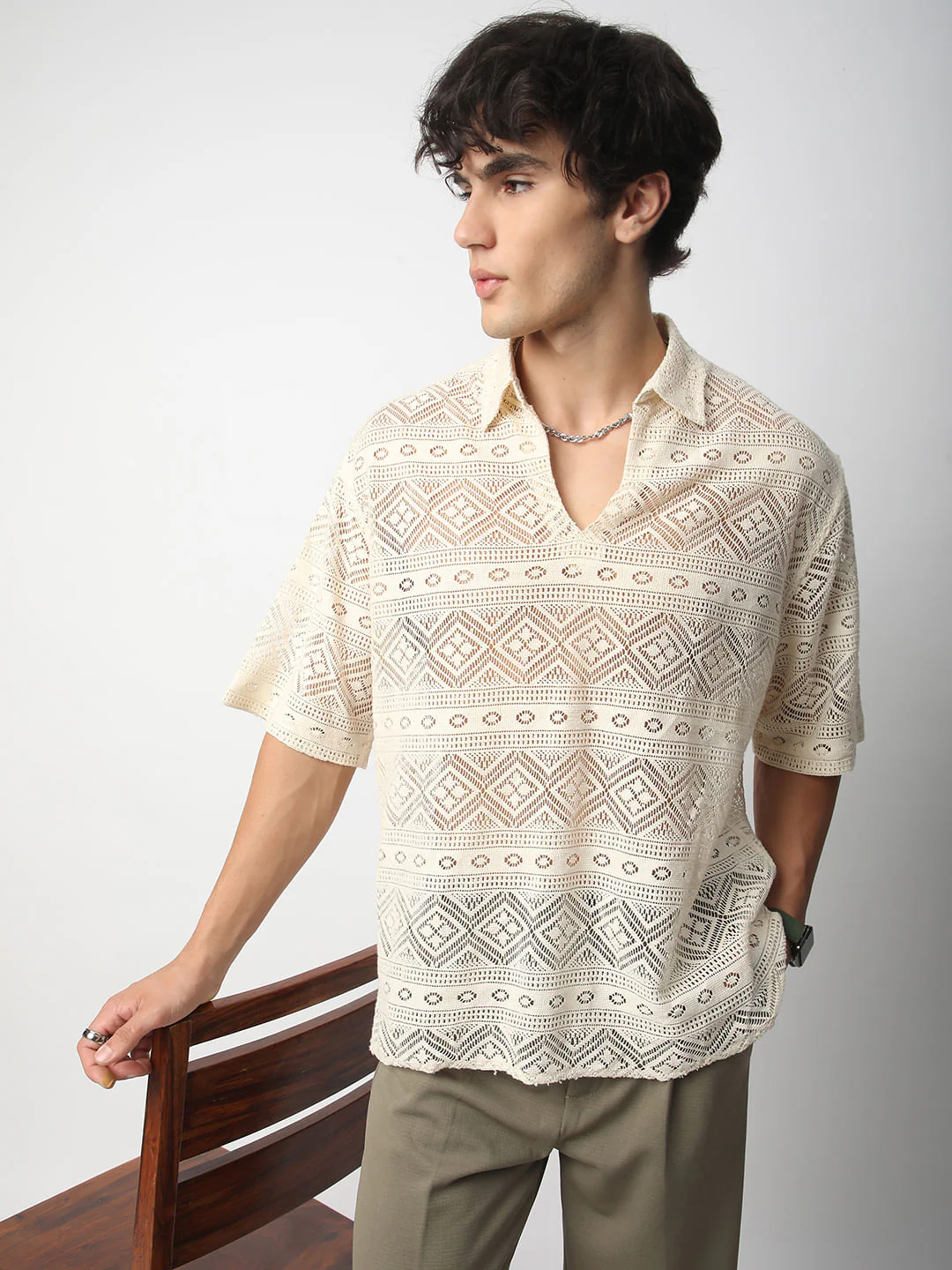 Finesse Ivory Breezy Mesh Oversized Polo Shirt - Image 3