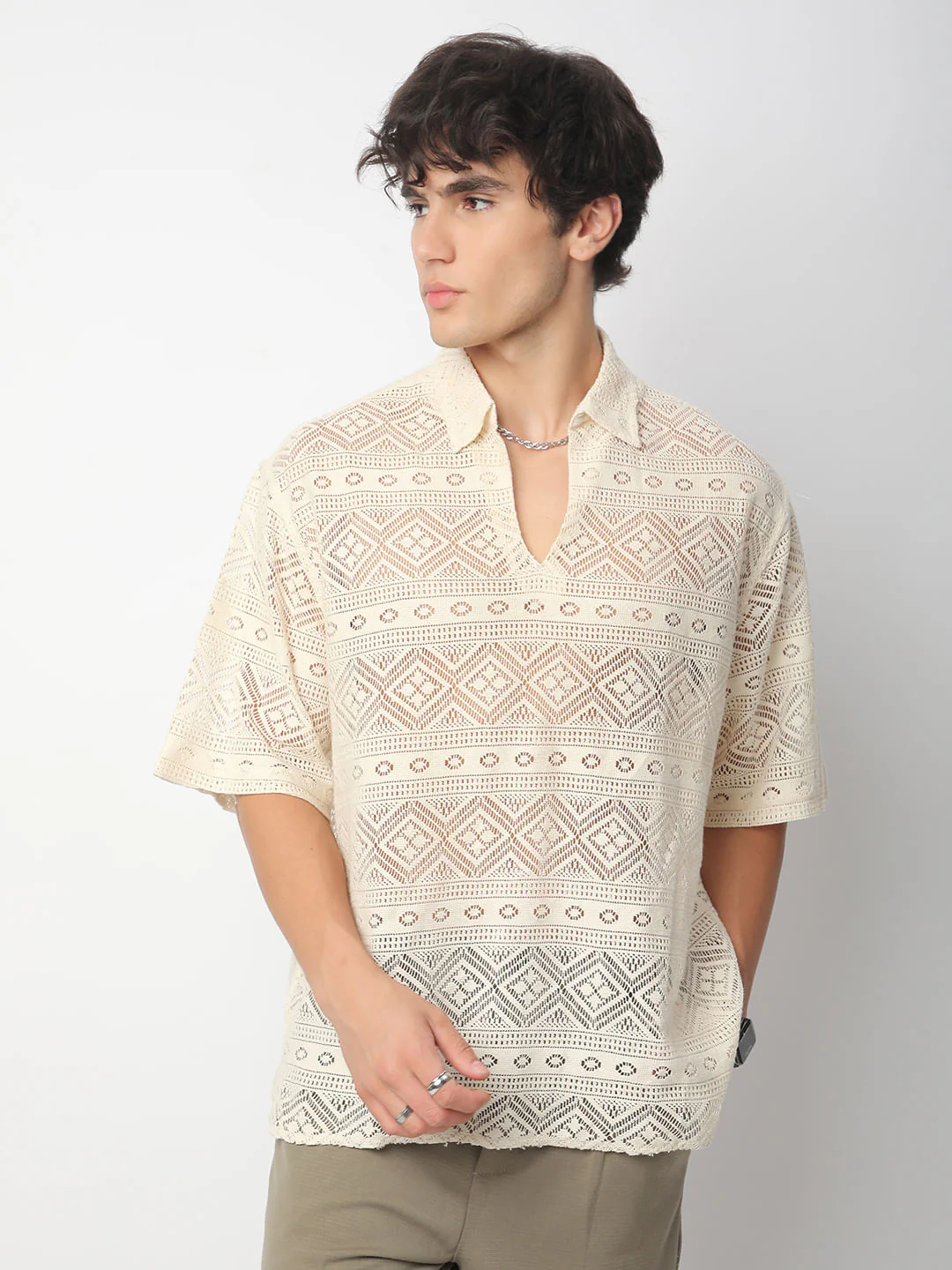 Finesse Ivory Breezy Mesh Oversized Polo Shirt - Image 4