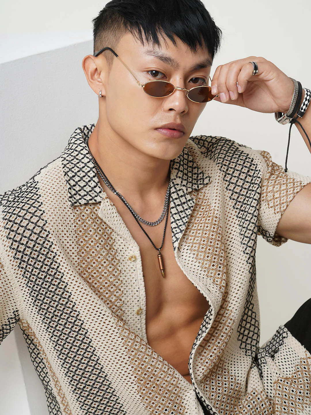 Glitzy Beige Striped Crochet Oversized Shirt