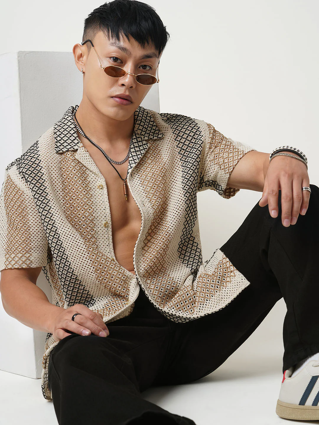 Glitzy Beige Striped Crochet Oversized Shirt - Image 2