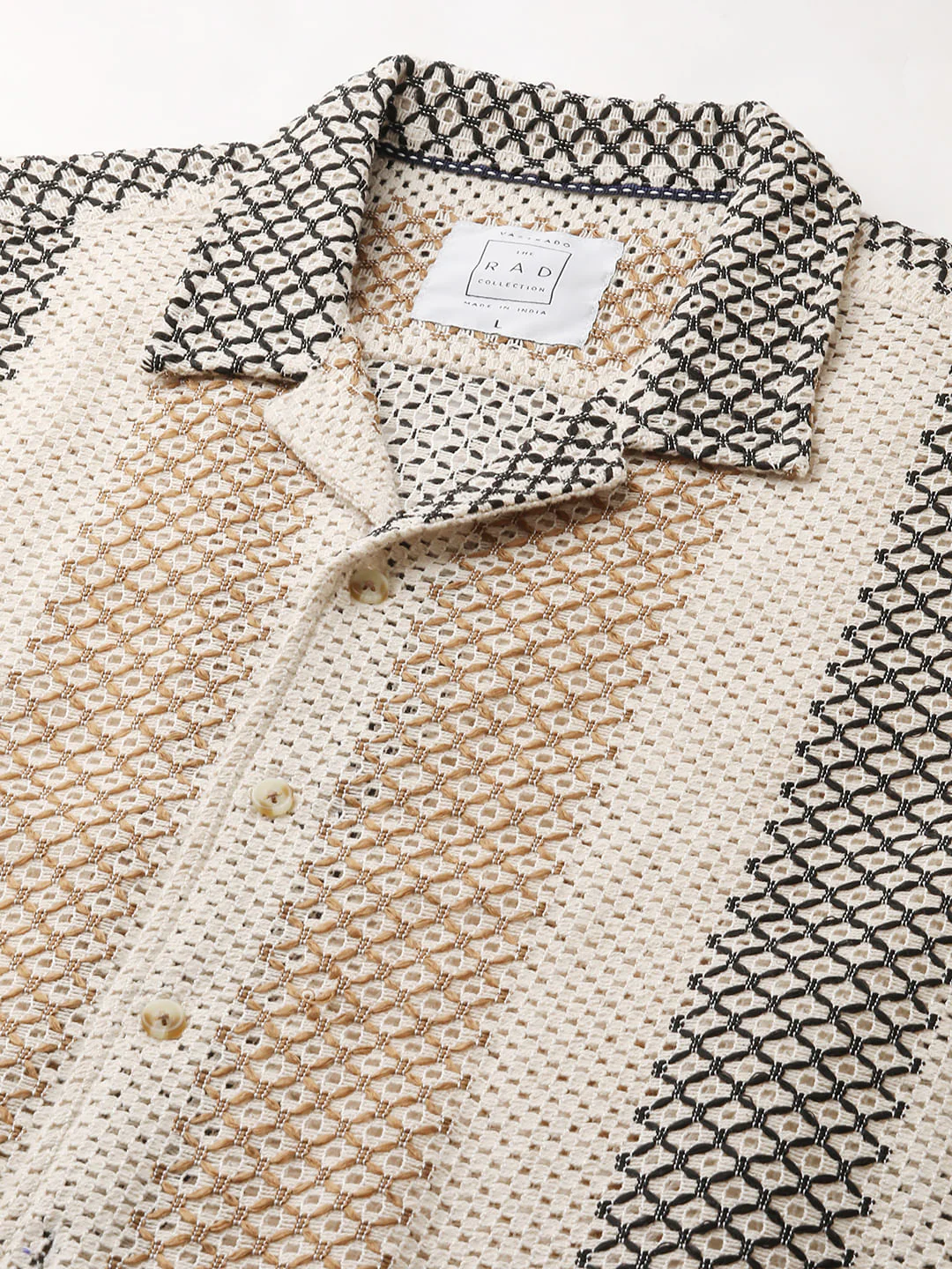 Glitzy Beige Striped Crochet Oversized Shirt - Image 3