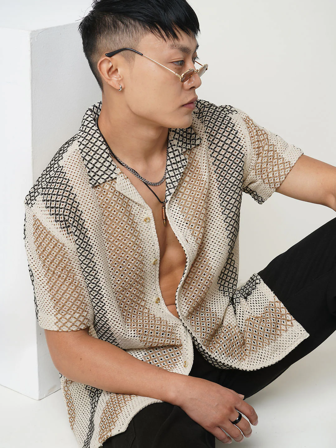Glitzy Beige Striped Crochet Oversized Shirt - Image 4