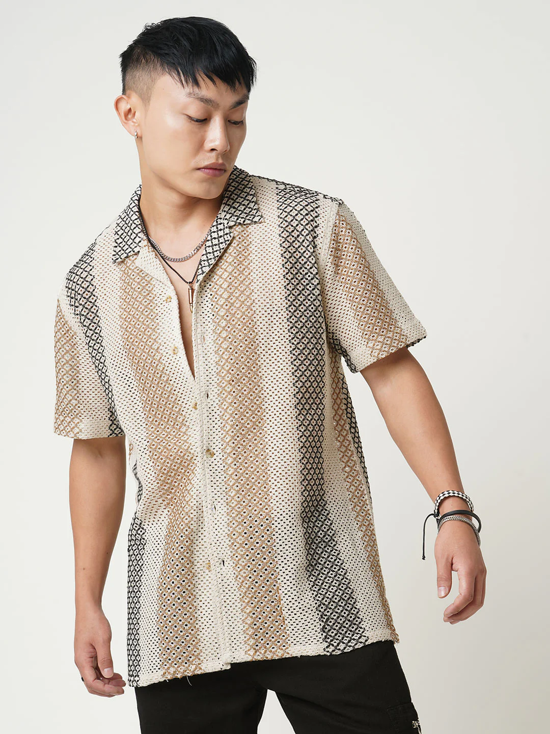 Glitzy Beige Striped Crochet Oversized Shirt - Image 5