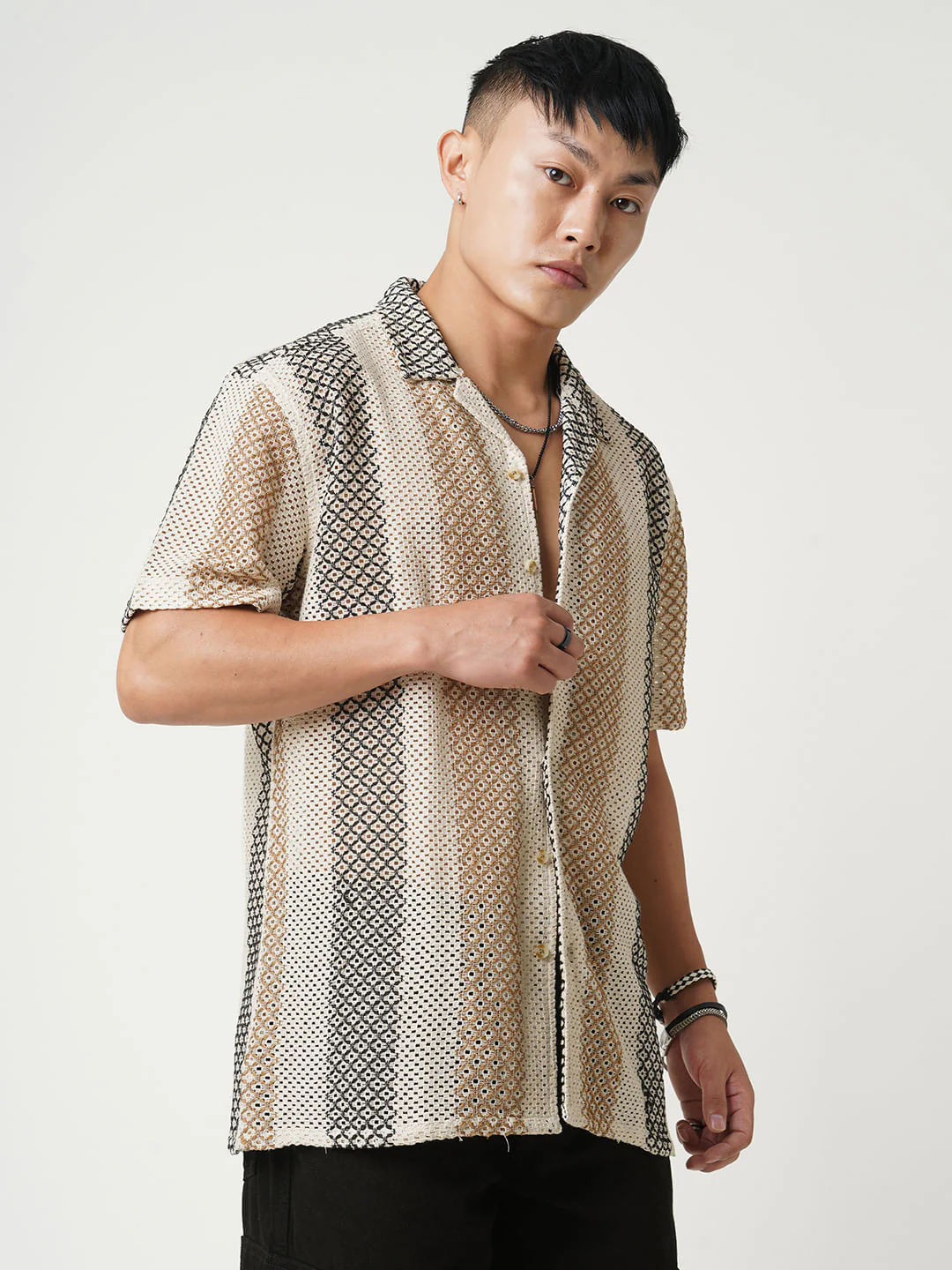 Glitzy Beige Striped Crochet Oversized Shirt - Image 6