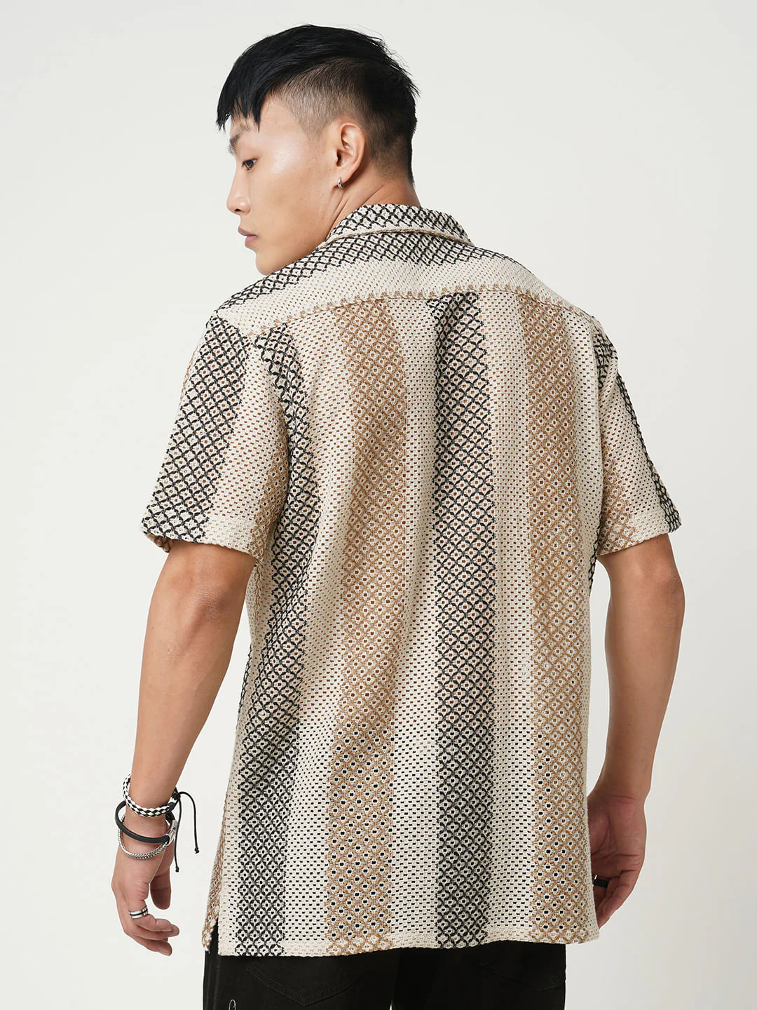 Glitzy Beige Striped Crochet Oversized Shirt - Image 7