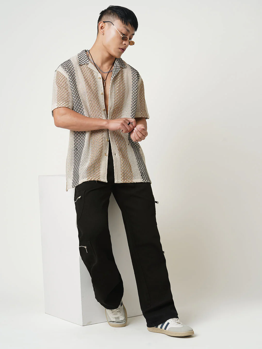 Glitzy Beige Striped Crochet Oversized Shirt - Image 8