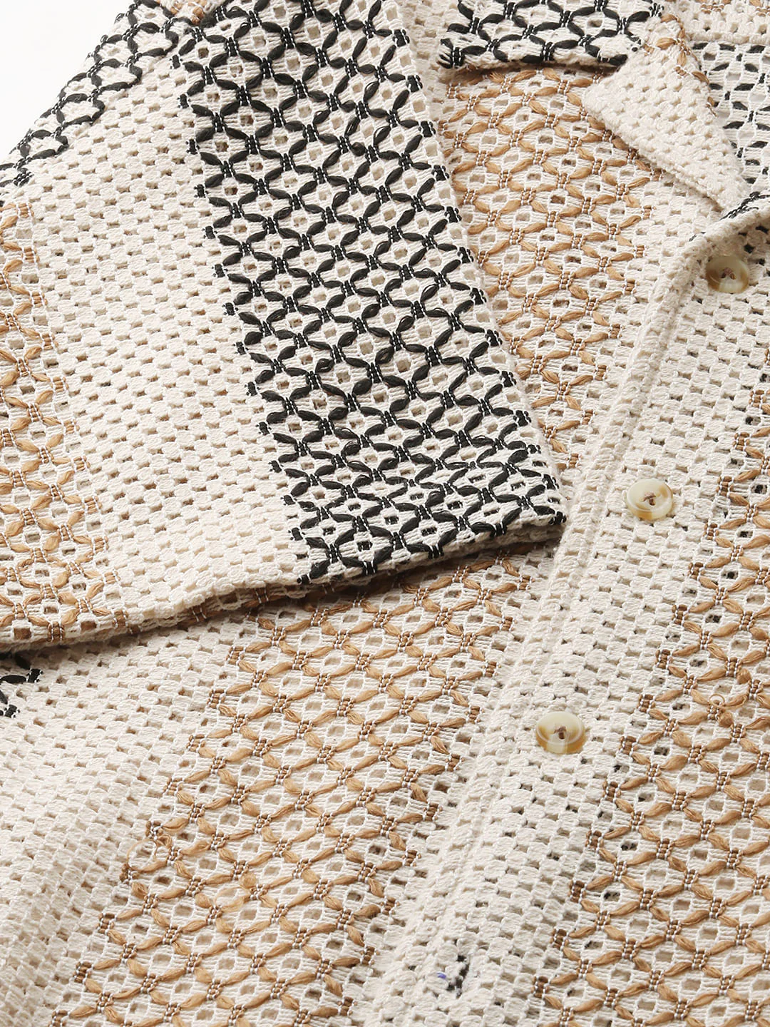 Glitzy Beige Striped Crochet Oversized Shirt - Image 9