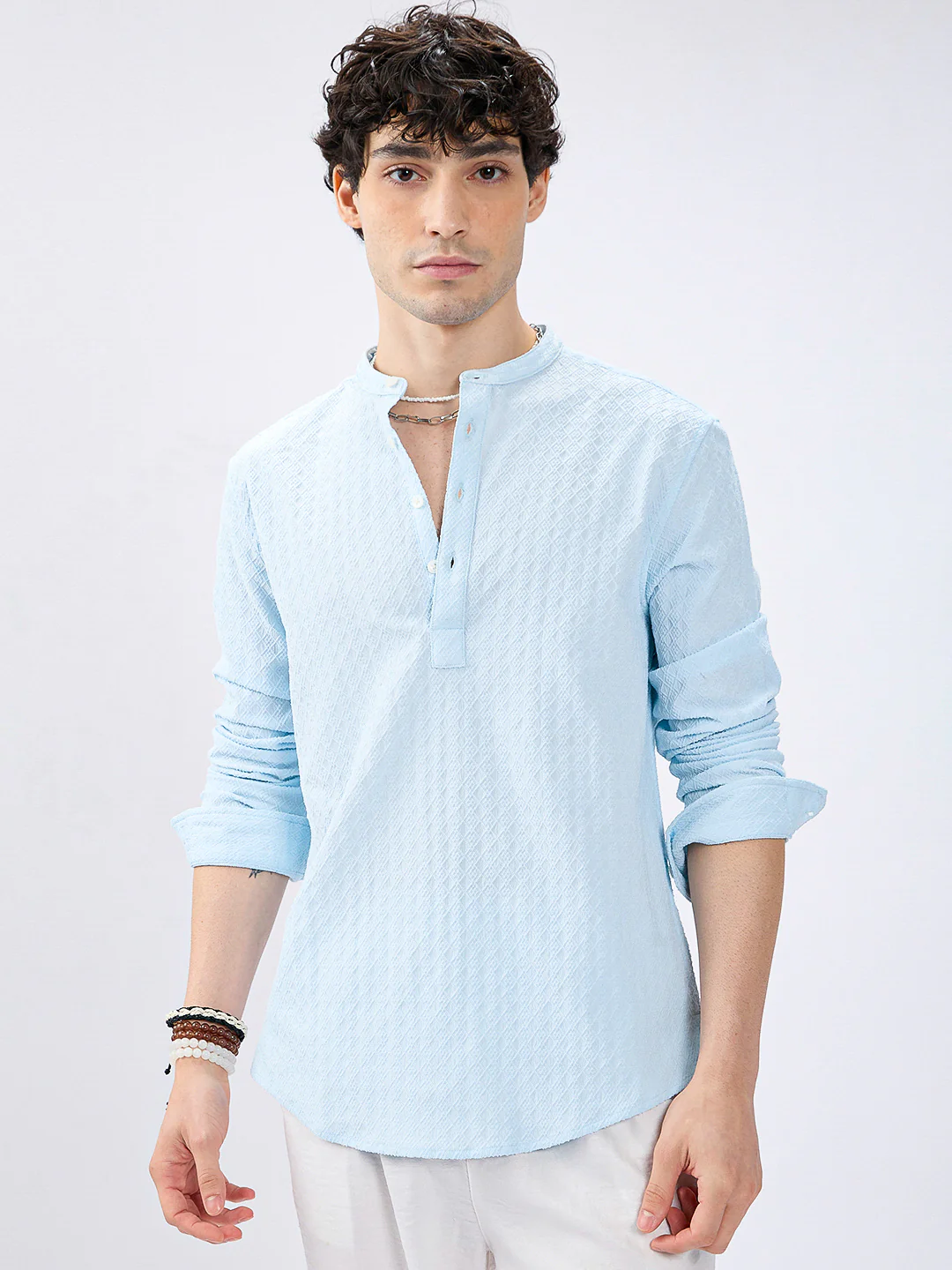 Icy Blue Diamond Weave Refined Kurta - Image 4