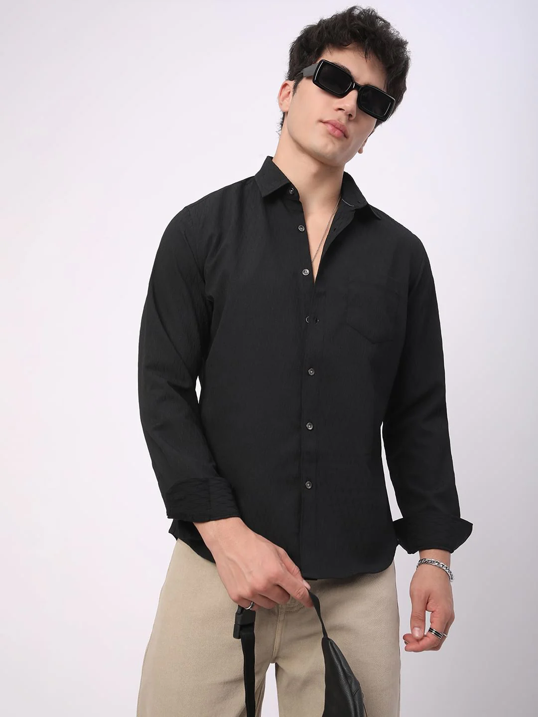 Intense Black Crinkled Textured Shirt - Image 4