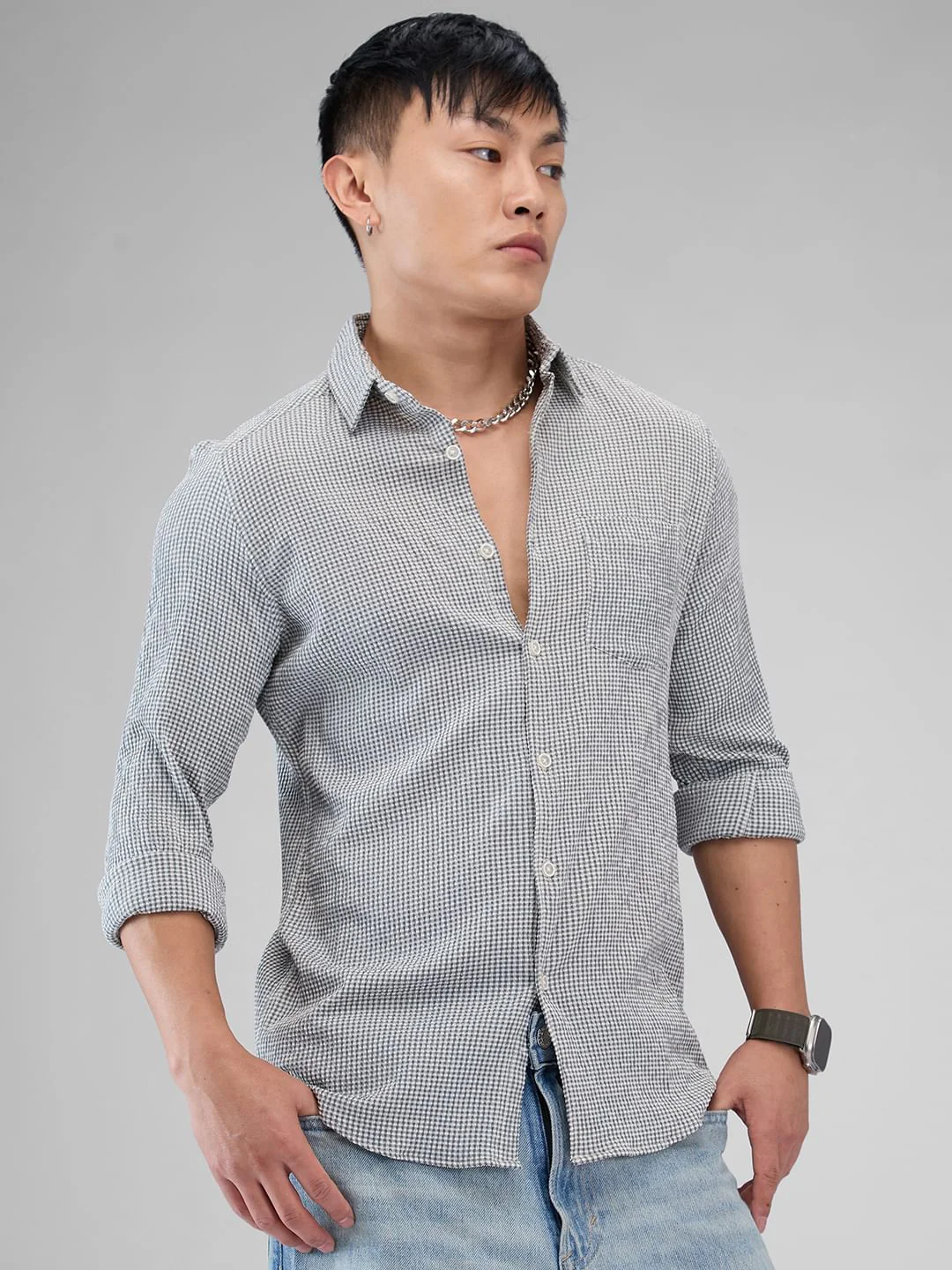 Olive Tiny Checkered Seersucker Shirt - Image 6