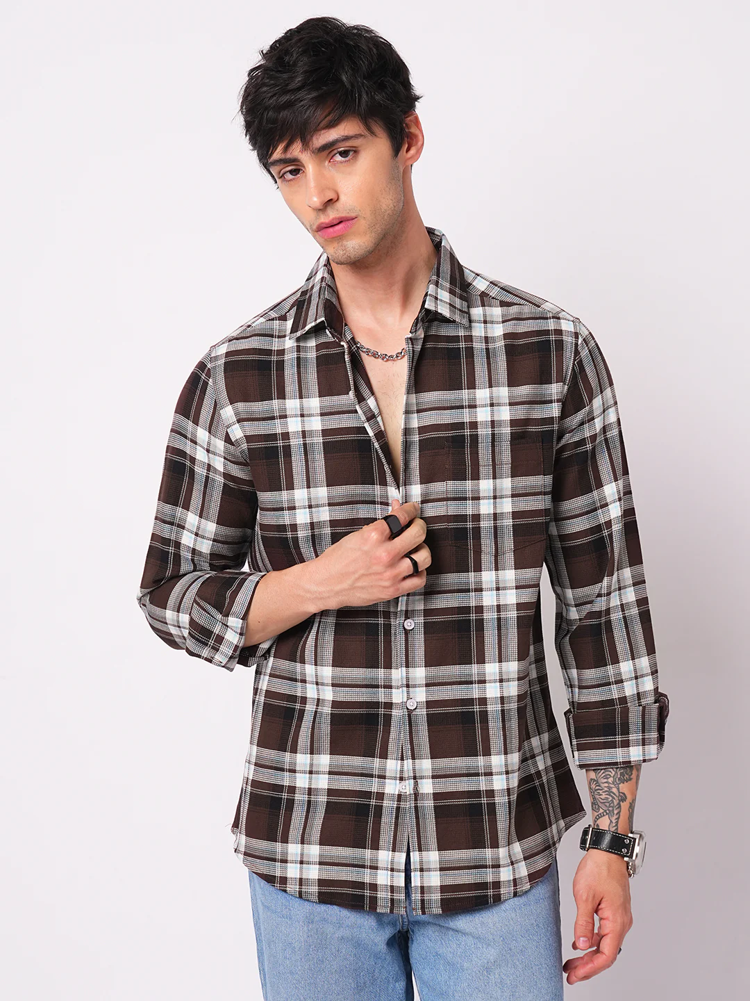 Premium Cotton Espresso Grid Retro Plaid Shirt - Image 5