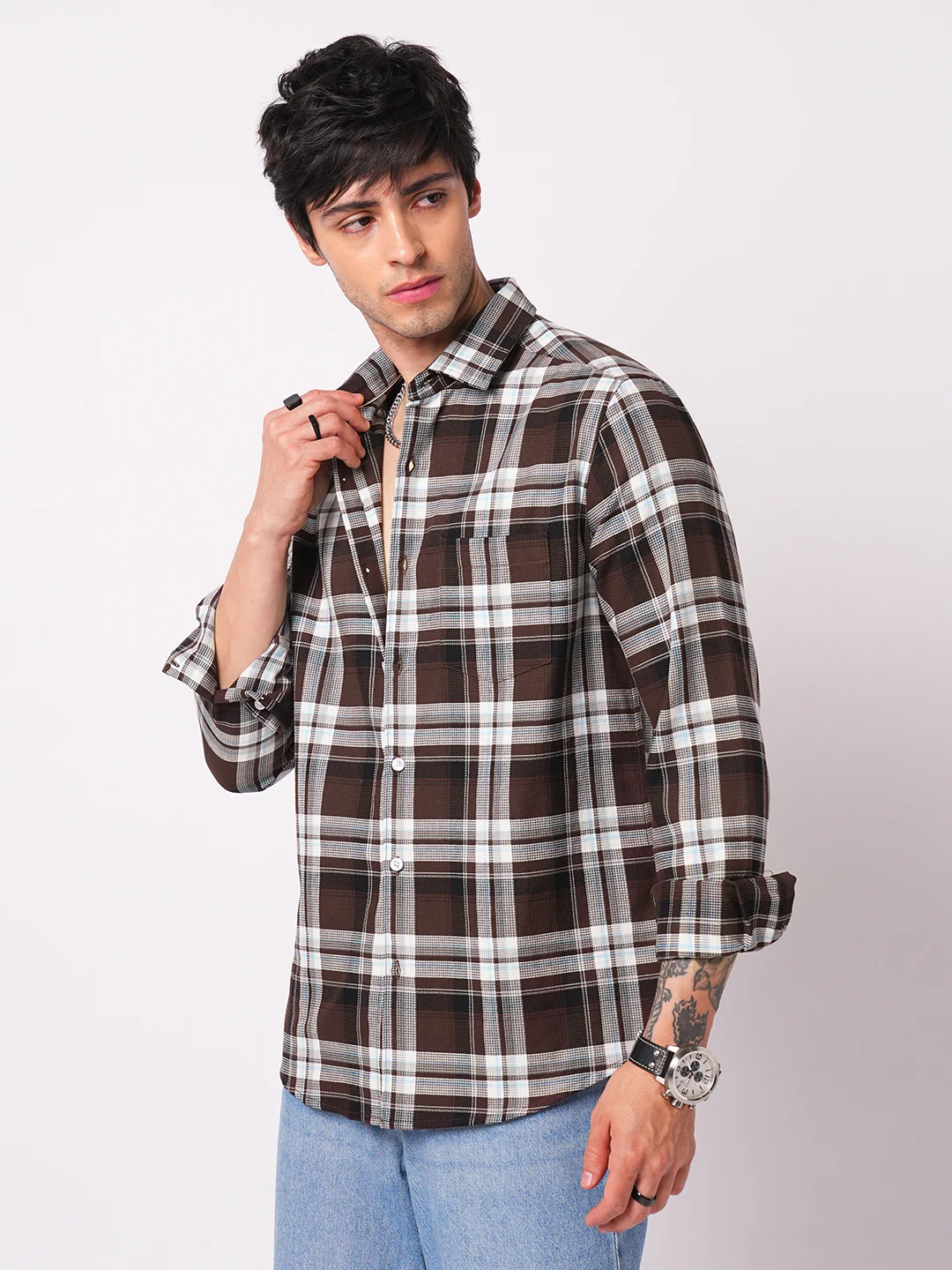 Premium Cotton Espresso Grid Retro Plaid Shirt - Image 6