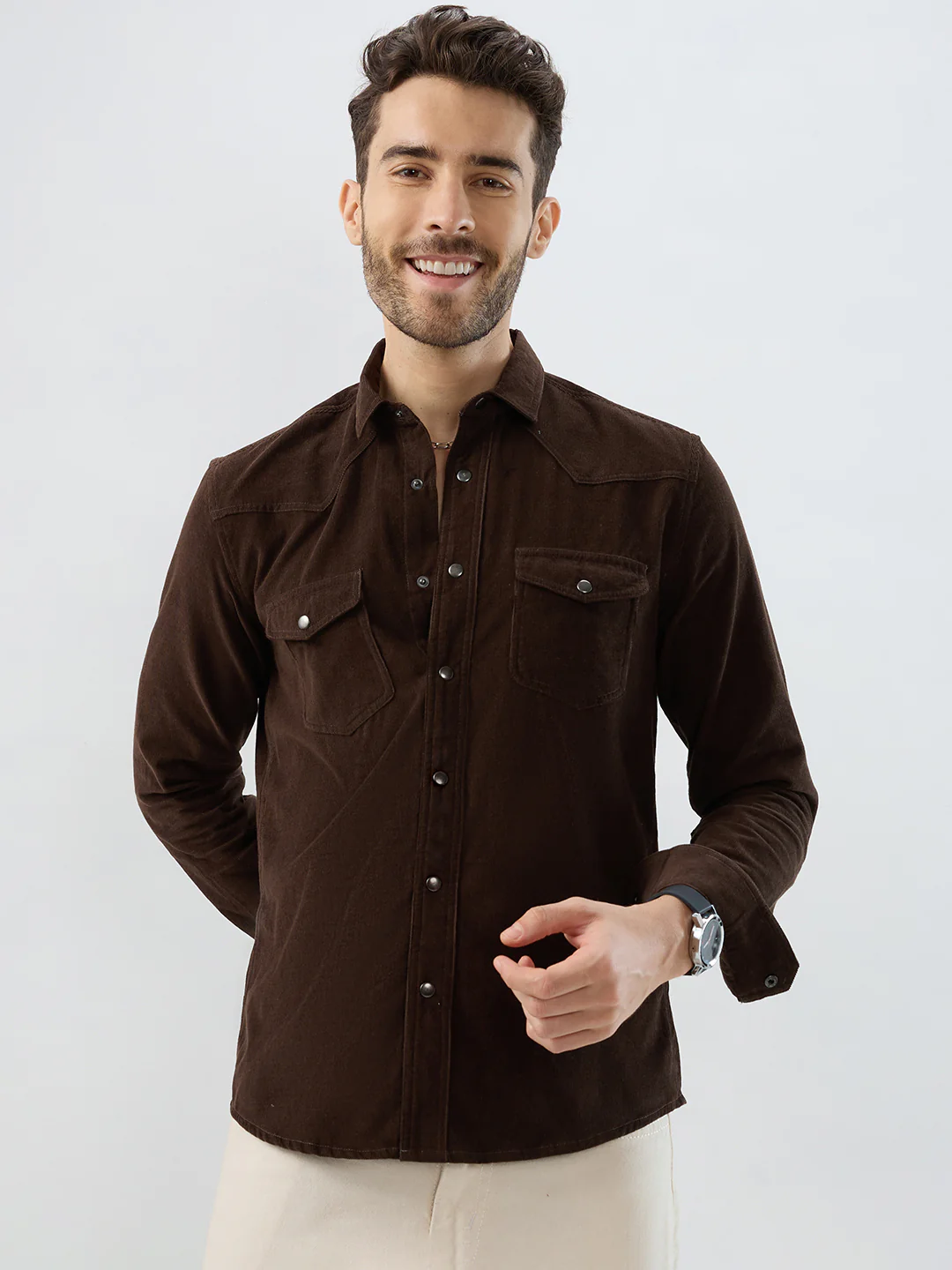 Rich Hickory Brown Double Pocket Corduroy Overshirt - Image 4
