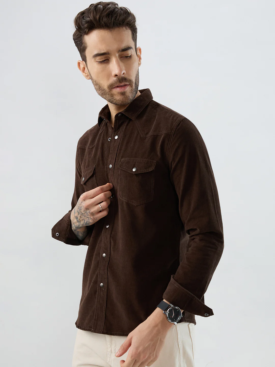 Rich Hickory Brown Double Pocket Corduroy Overshirt - Image 5