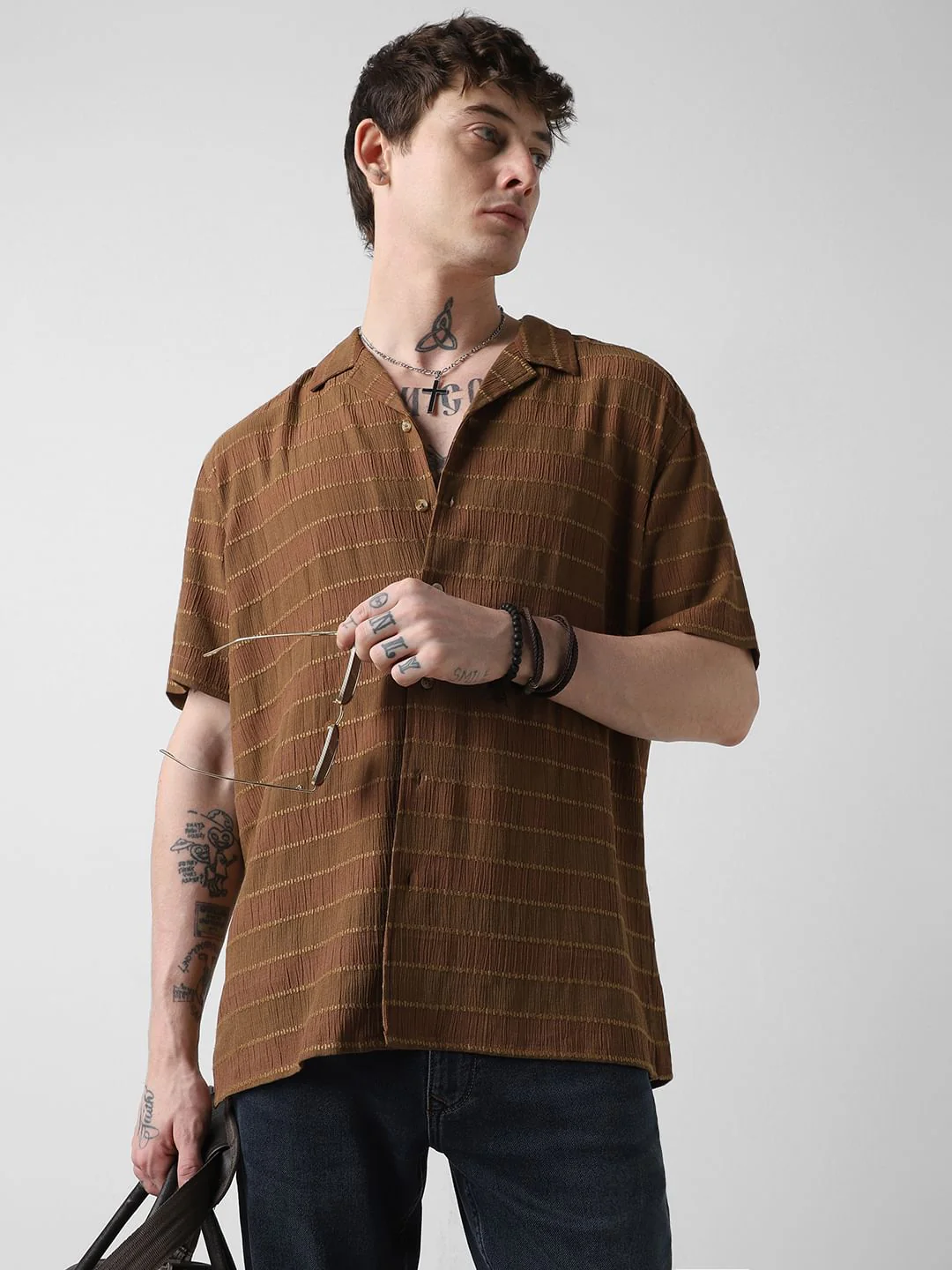 Sepia Dobby Striped Notch Collar Oversized Shirt - Image 4