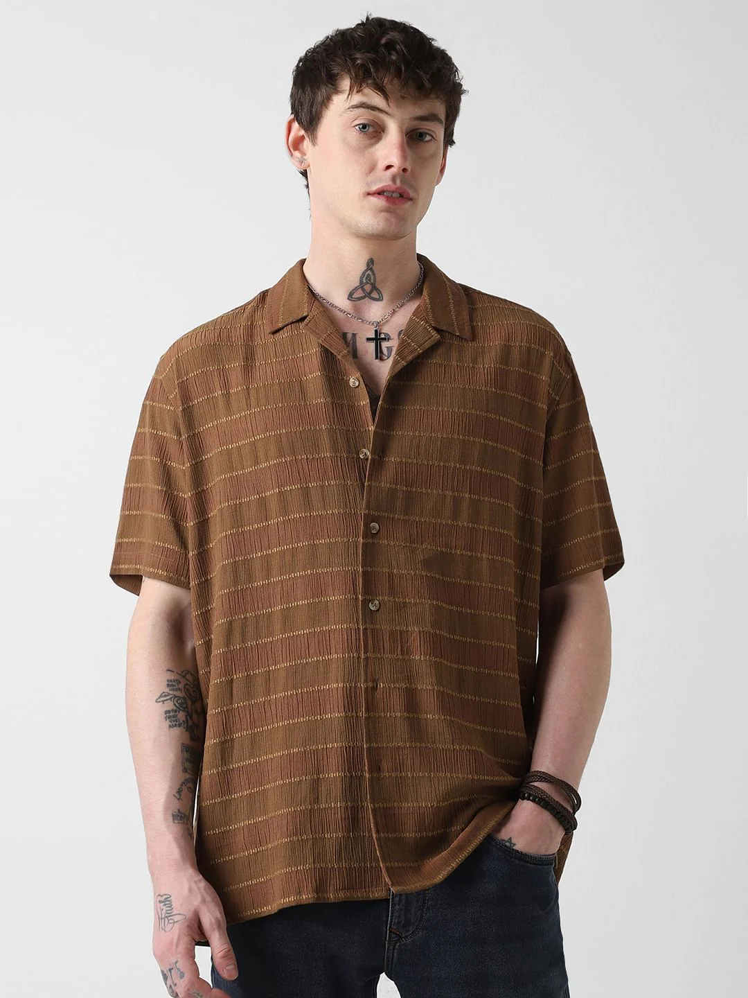 Sepia Dobby Striped Notch Collar Oversized Shirt - Image 5