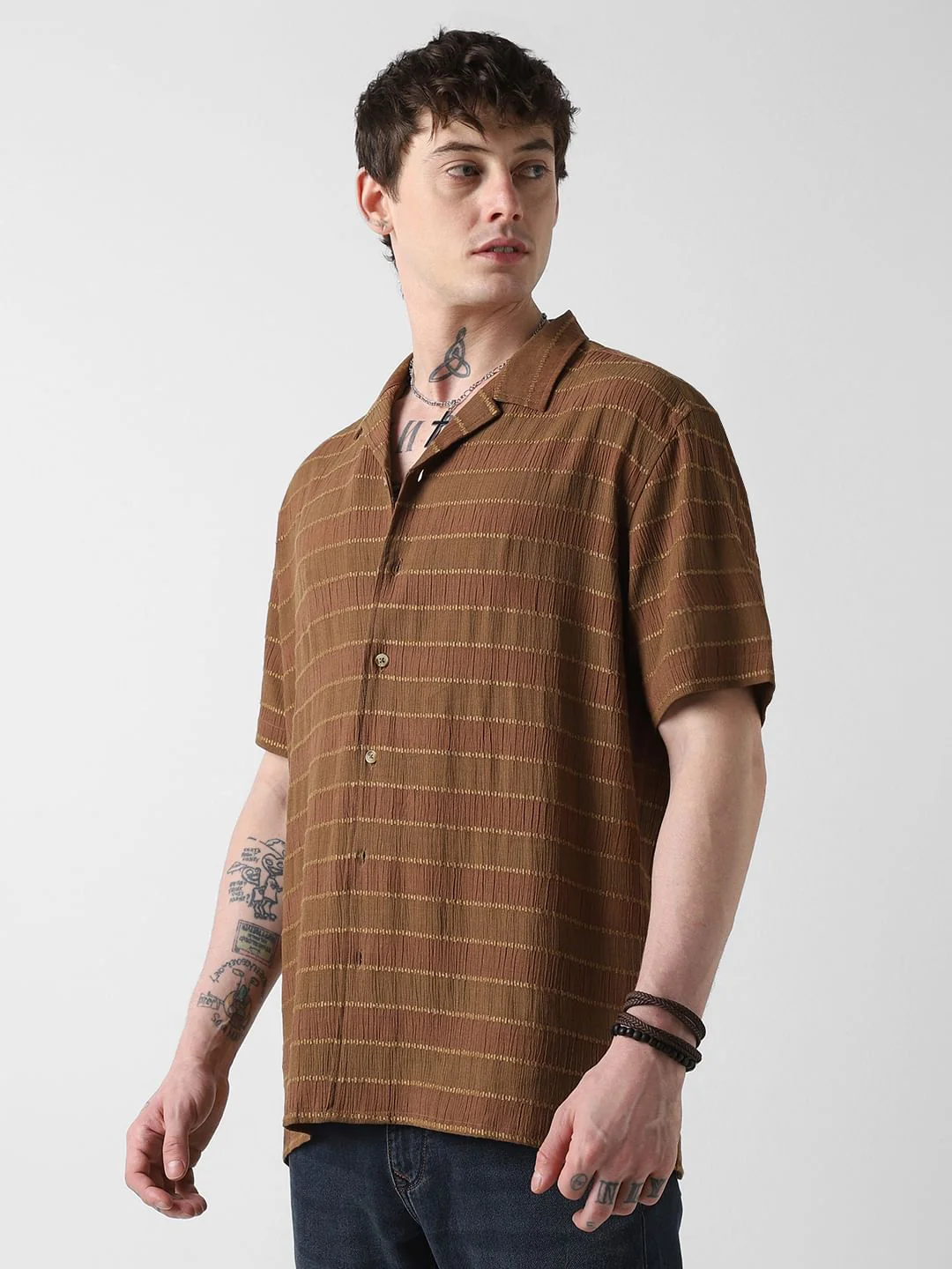 Sepia Dobby Striped Notch Collar Oversized Shirt - Image 6