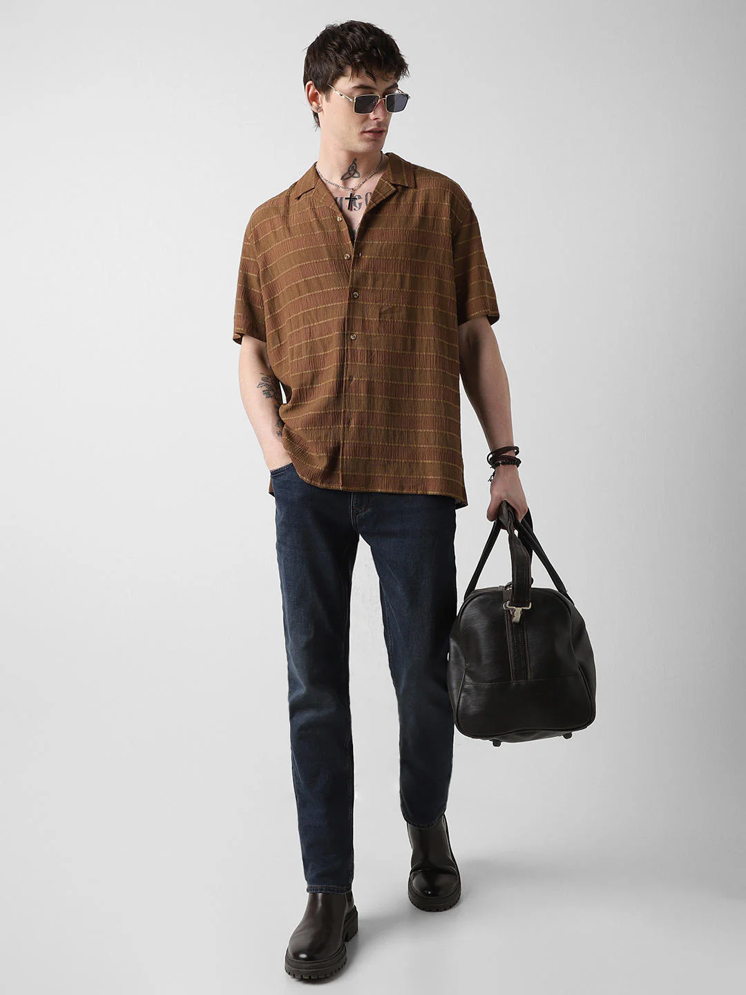 Sepia Dobby Striped Notch Collar Oversized Shirt - Image 8