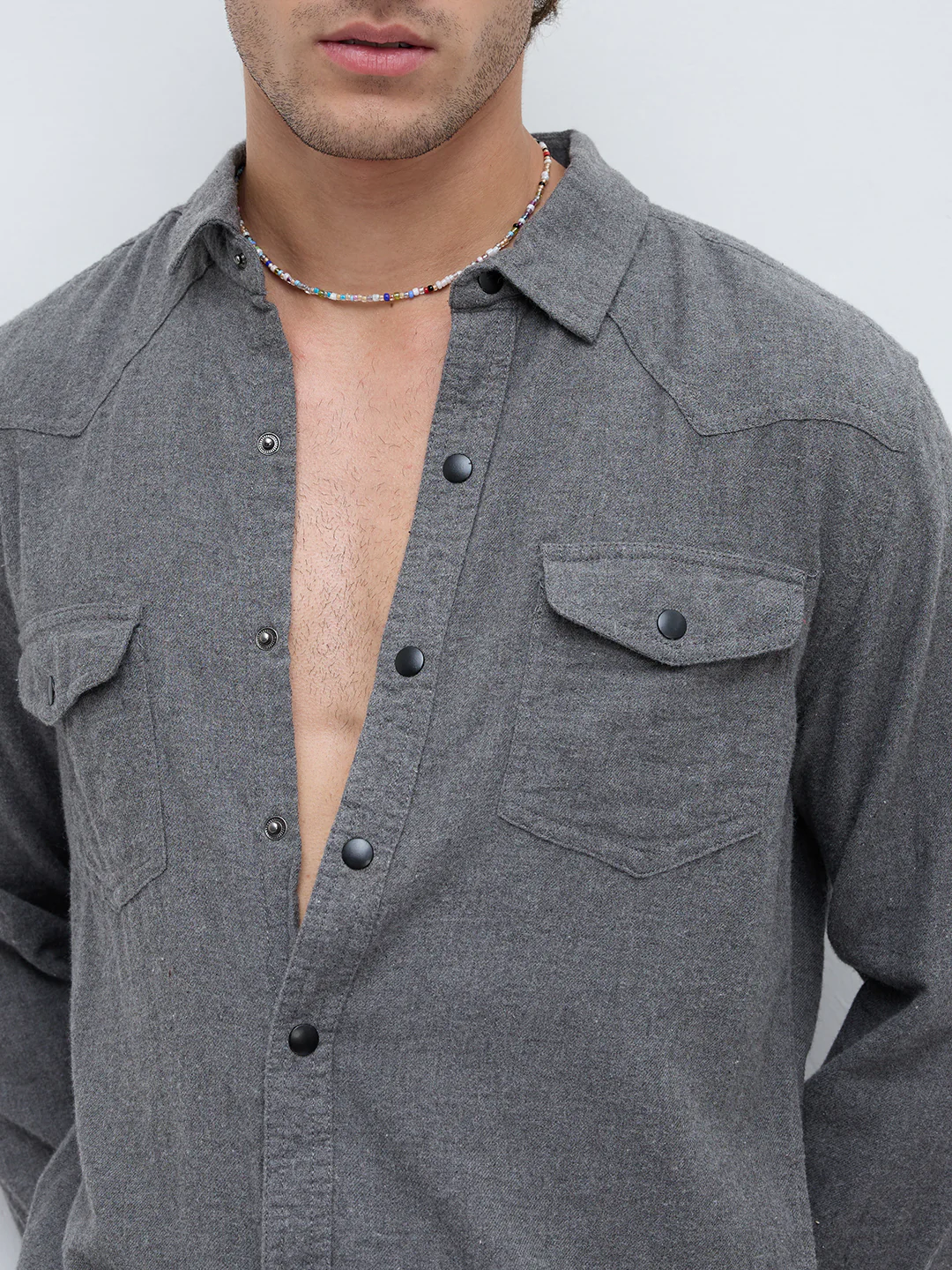 Solid Intense Grey Flannel Double Flap Pocket Shirt - Image 3