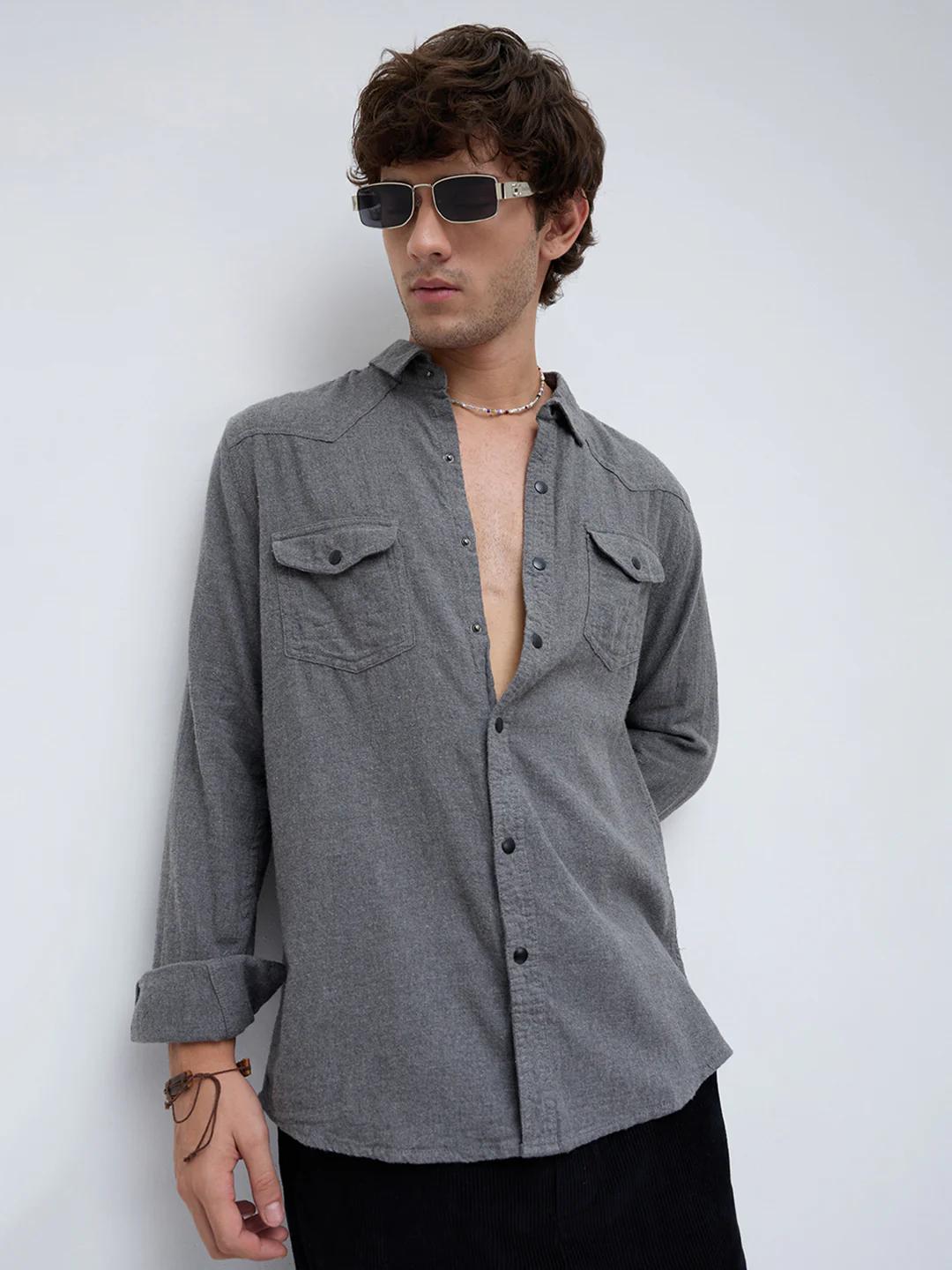 Solid Intense Grey Flannel Double Flap Pocket Shirt - Image 4