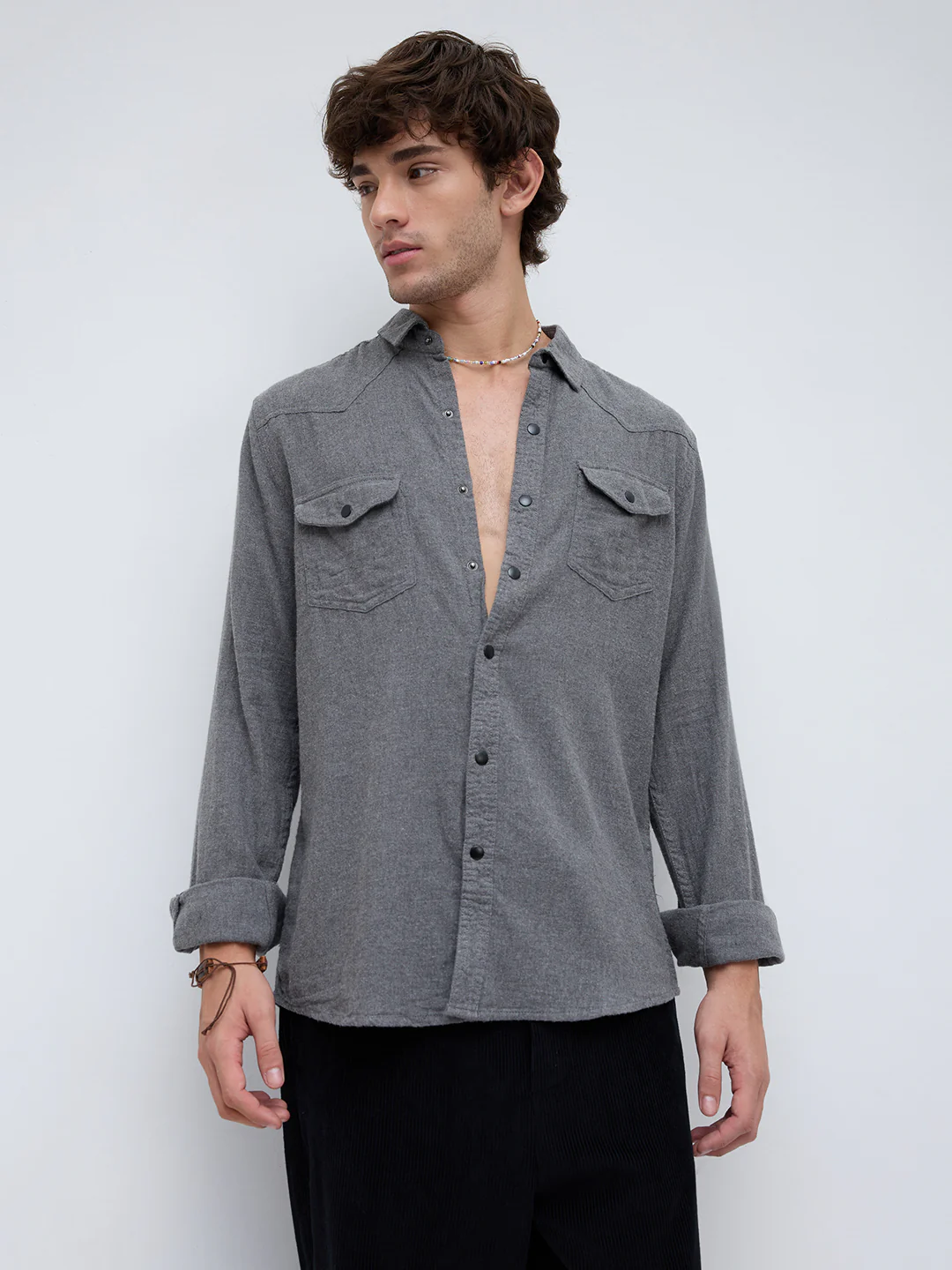 Solid Intense Grey Flannel Double Flap Pocket Shirt - Image 5