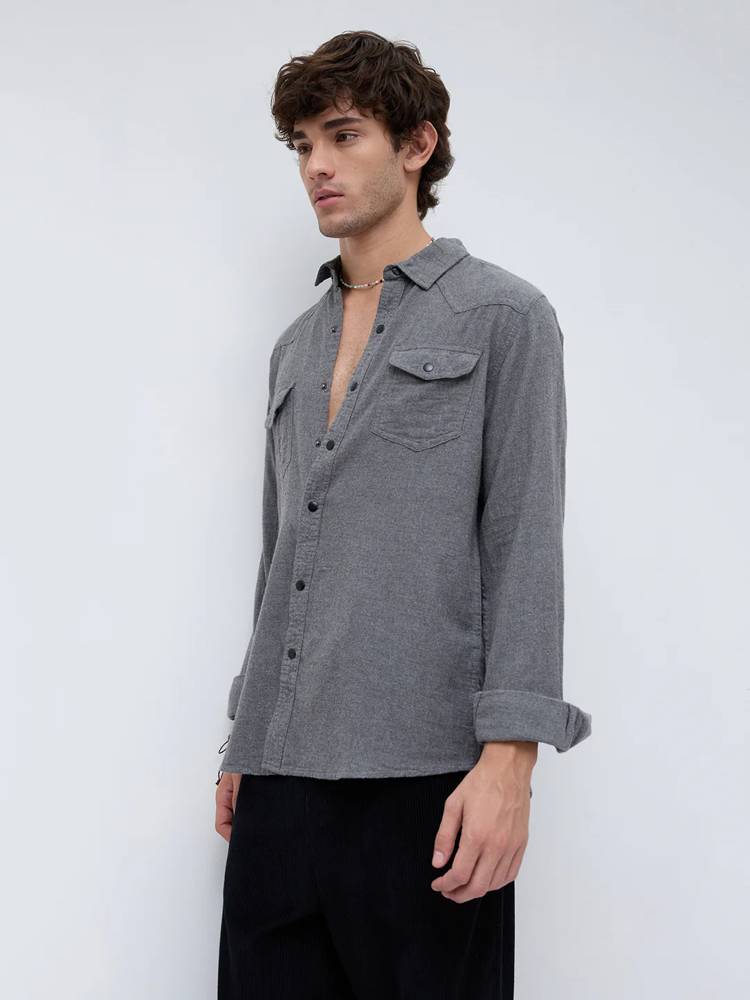 Solid Intense Grey Flannel Double Flap Pocket Shirt - Image 6